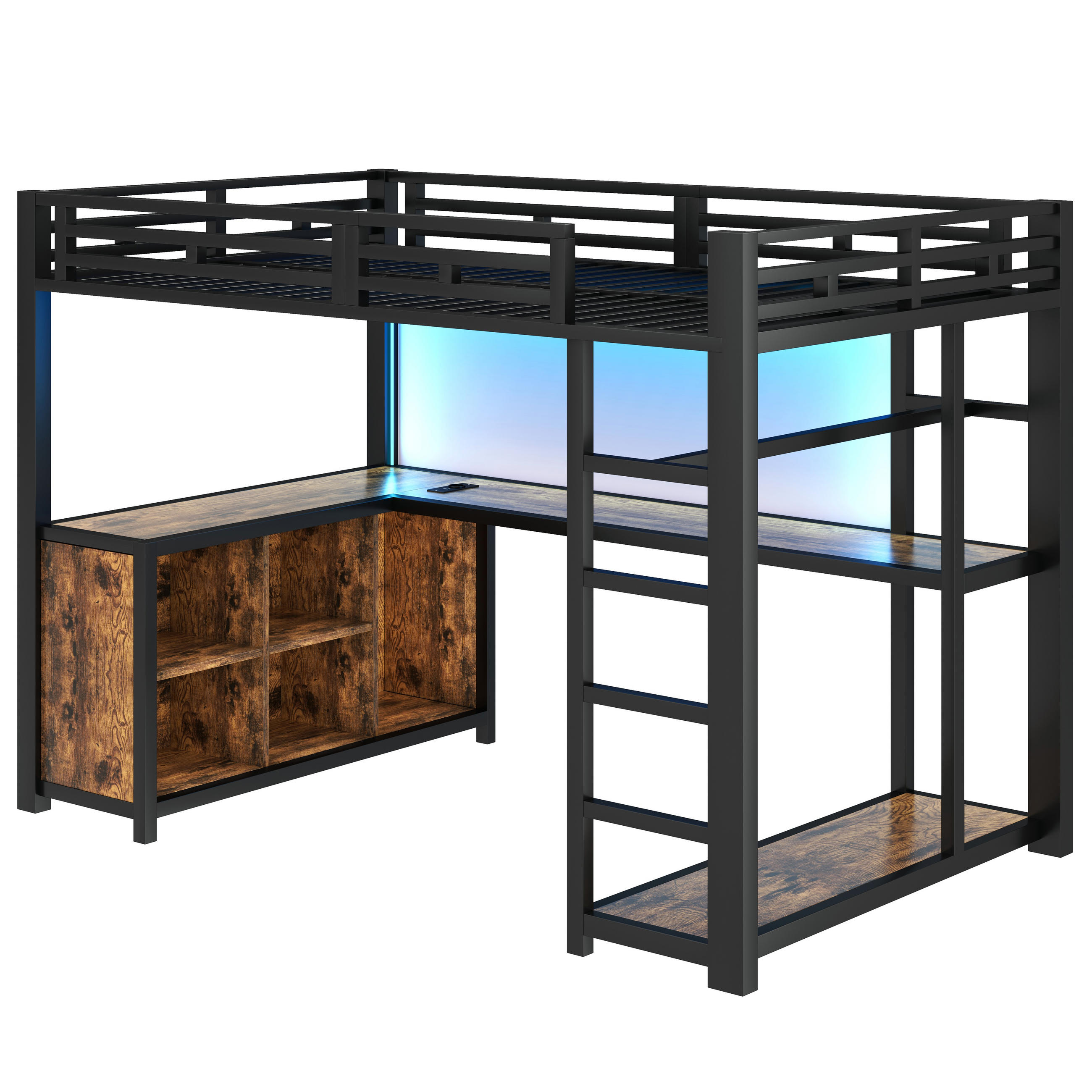 HOCHBETT 140/200 cm DE-32850 mit Schreibtisch und LED Schwarz - Schwarz, Metall (140/200cm) - ComfortXL