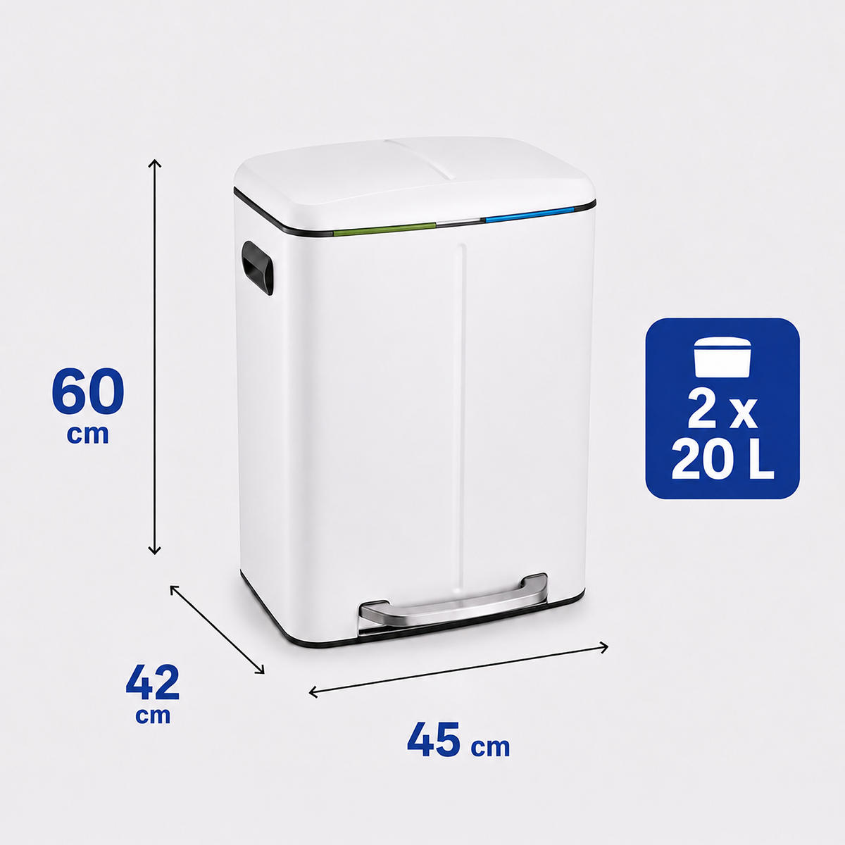 MÜLLEIMER Weiß 2-Fächer 2x20 l - Weiß, Kunststoff/Metall (45/60/42cm) - Relaxdays