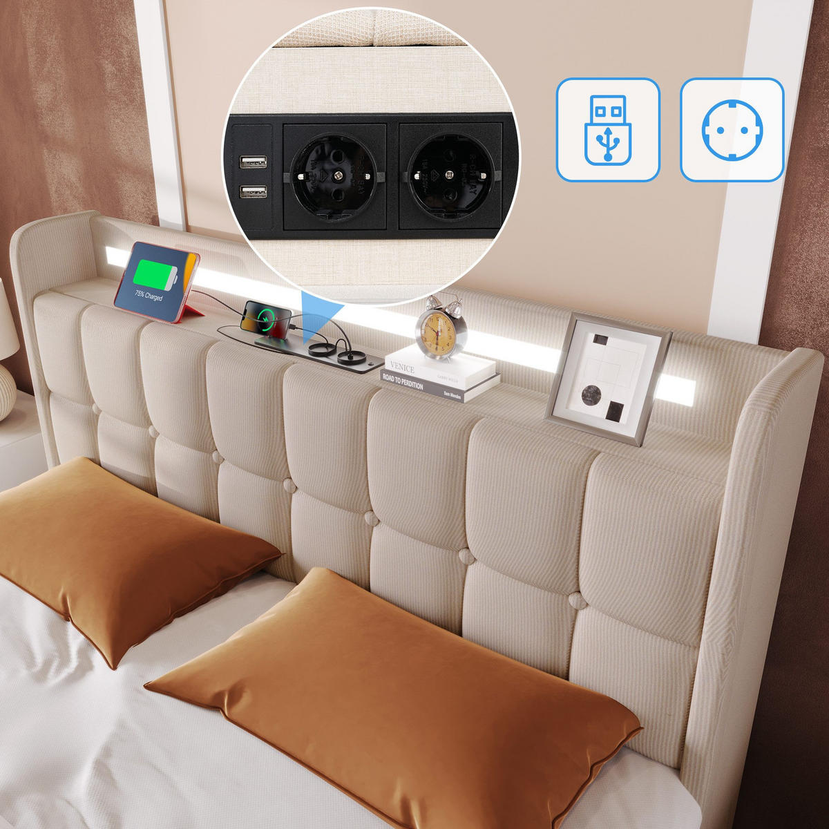 POLSTERBETT mit USB-Ladefunktion, Kopfteil und LED-Beleuchtung - Beige, Textil (90/200cm)