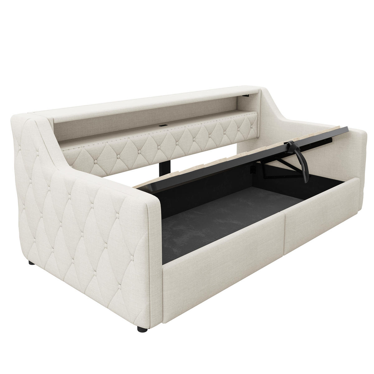 TAGESBETT 90/200 cm mit LED und Hydraulik-Stauraum, DE-42017, in Beige - Beige, Holzwerkstoff (90/200cm) - ComfortXL