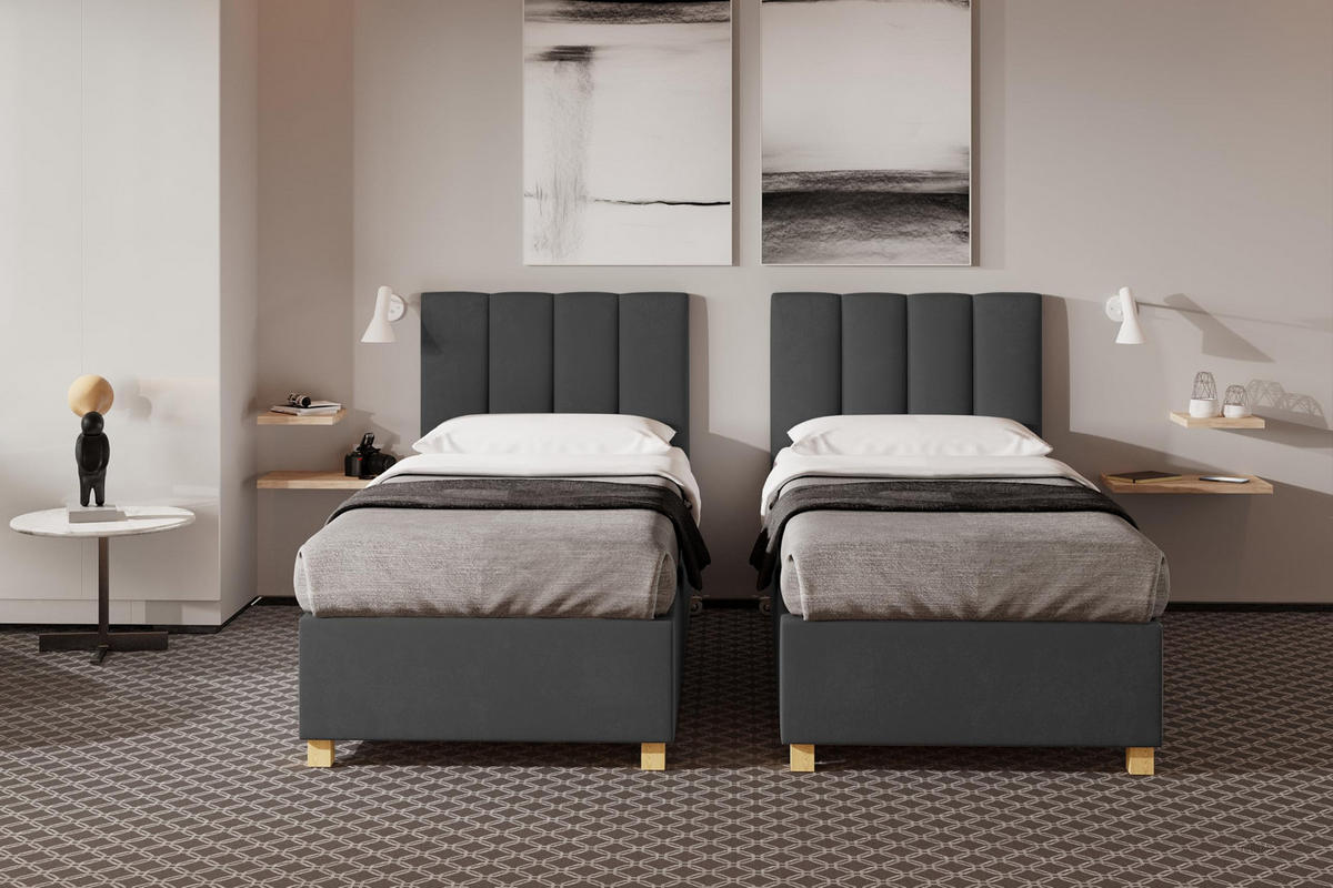 HOTELBETT EUROPA 90x200 cm, Mobil Bett auf Rollen & Koppelbar mit Bonell Matratze, 1 Stück, Dunkelgrau - Dunkelgrau, Holz/Buchenholz (90/200cm) - Trada