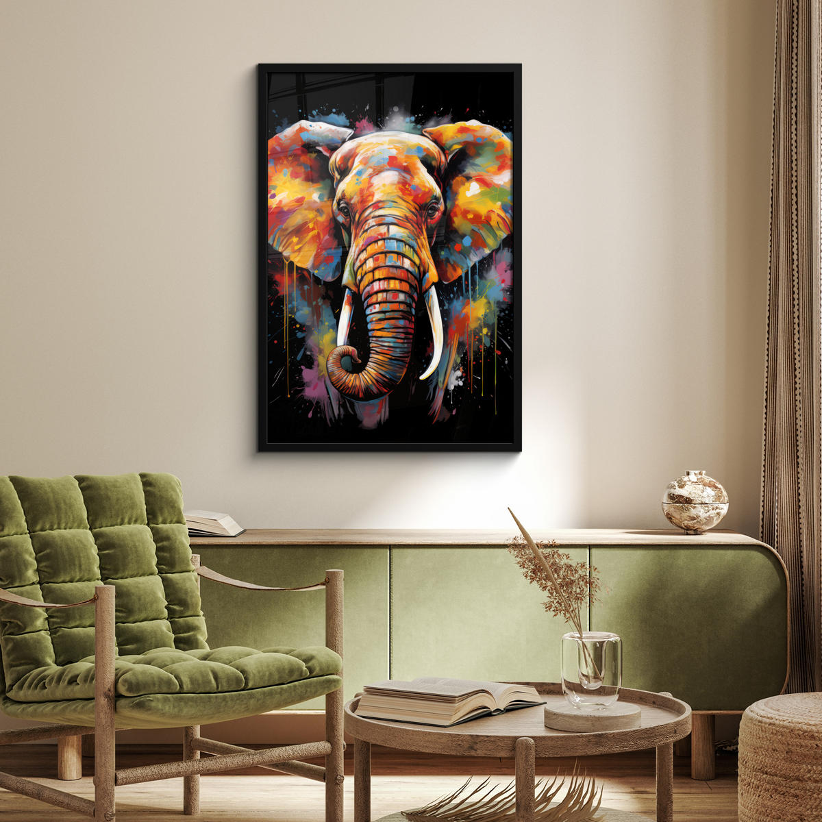 POSTER MIT RAHMEN Elefant - Graffiti - Schwarz - Tiere - Farben 60x90 cm - Schwarz, Papier (60/90cm) - MuchoWow