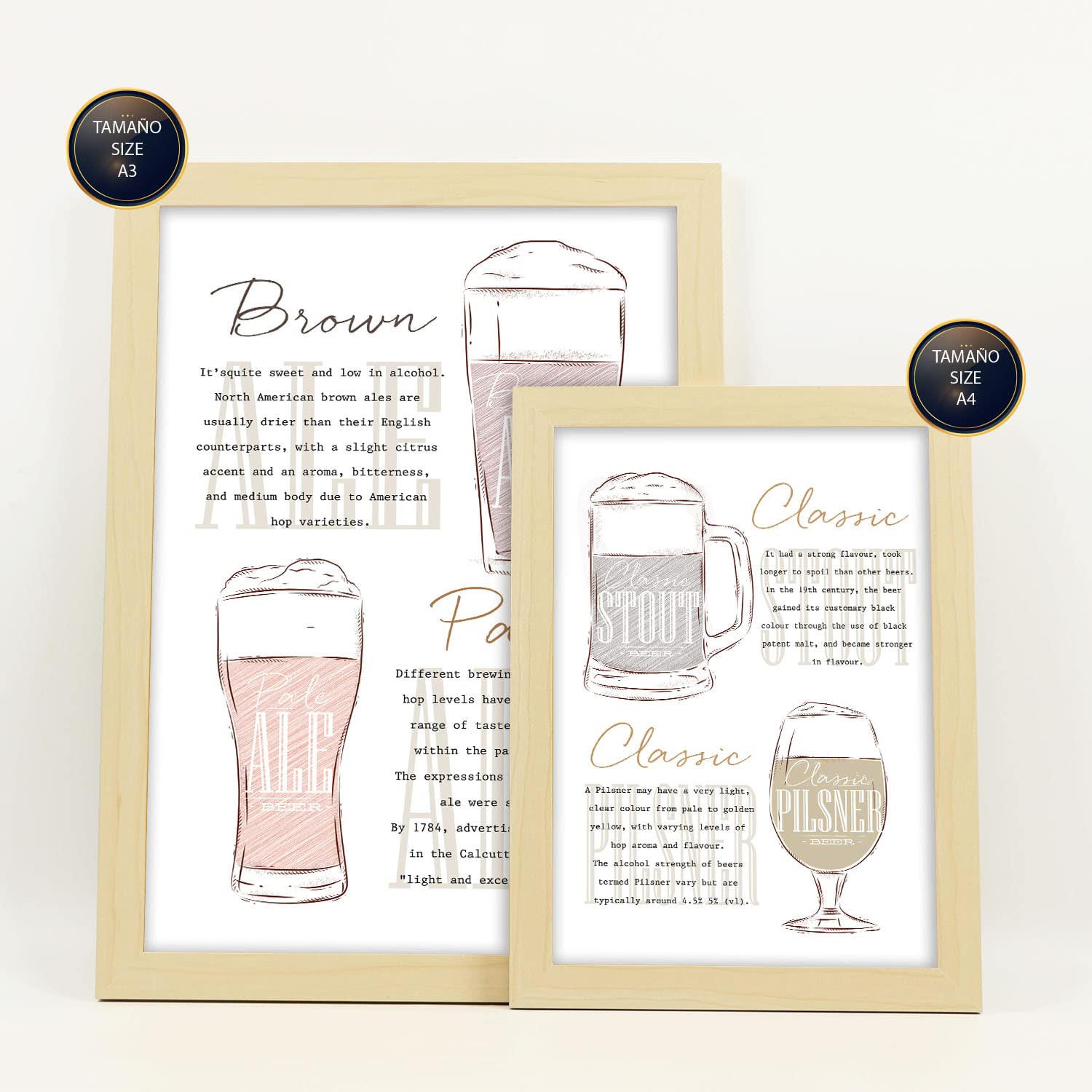 POSTER Set Mit 6 Biersorten Weiß Vollfarbige Illustrationen Von Kaffee & Getränken Im Werbetafel Illustrationen A3 & A4 Rahmen Aus Hellem Holz - Beige, Papier (29/3cm) - Nacnic