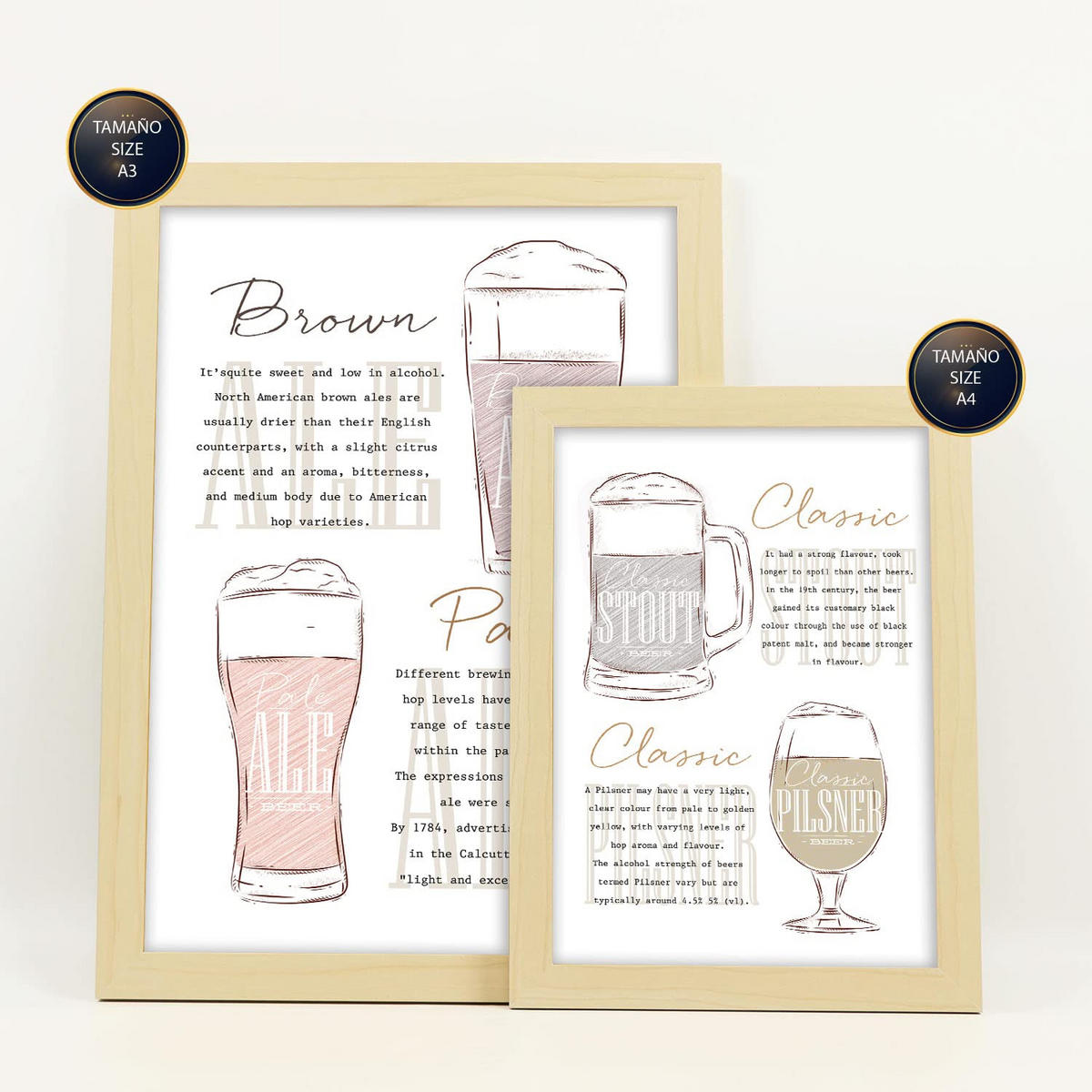 POSTER Set Mit 6 Ästhetisches Bier Größe A3 & A4 Rahmen aus hellem Holz - Beige, Papier (29.7/1cm) - Nacnic