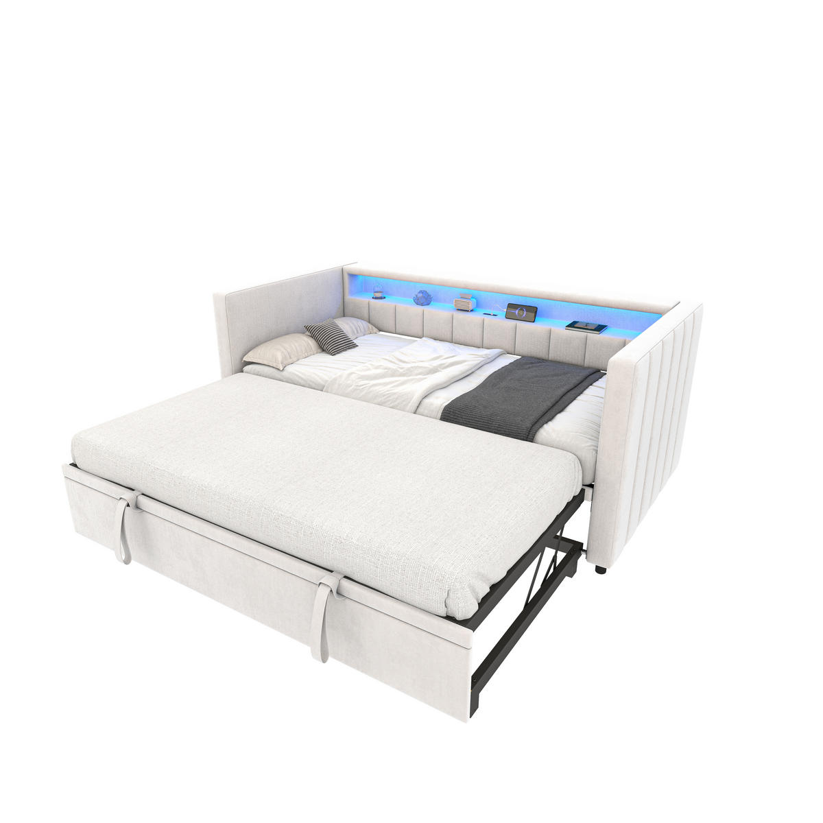 BETT 90/190 cm mit ausziehbarem Bett & USB-Type-C-Anschluss und LED-Beleuchtung Samt Beige - Beige, Textil (90/190cm) - OKWISH