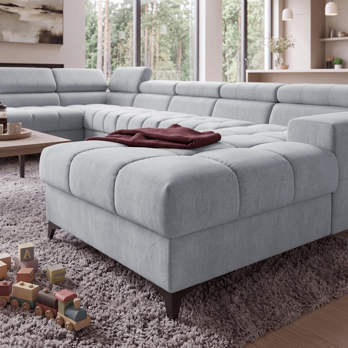 ECKSOFA PUDDING MAXI U Links mit Schlaffunktion 125x330 Velours Hellgrau - Hellgrau/Schwarz, Holz/Textil (203/421cm) - Muffo