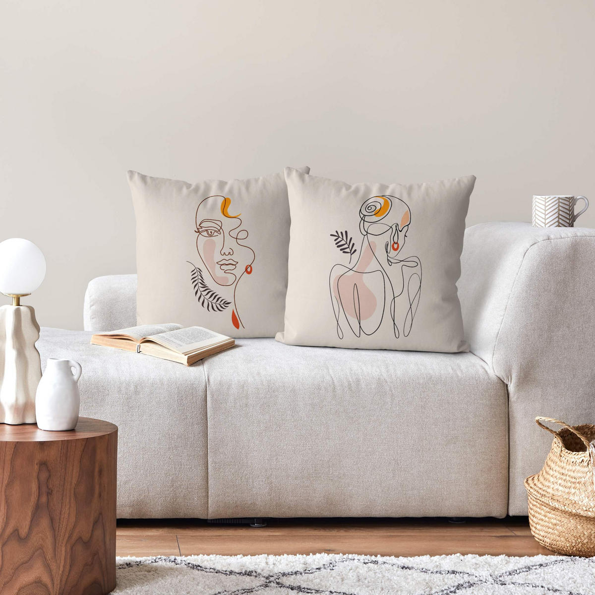 DEKOKISSEN 2er-Set Lineart Silhouetten 40/40 cm - Eichefarben, Textil (40/40cm) - Bilderwelten