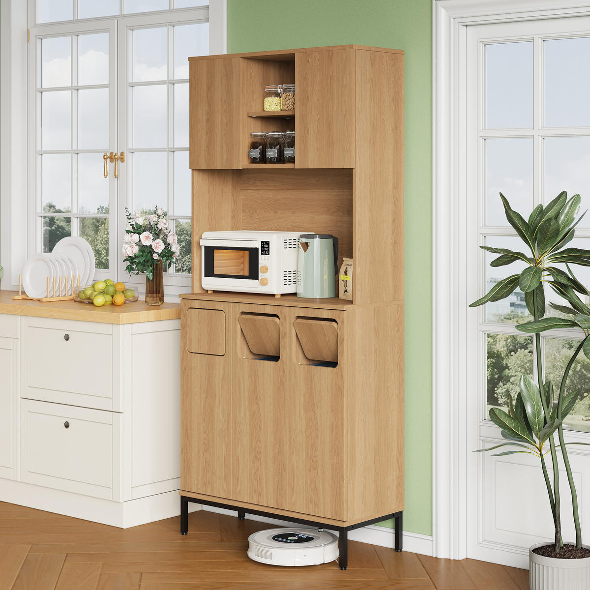 BUFFET aus MDF 35x80x181 cm Natur mit 3 Fächern, Mikrowellenablage und Stauraum - Naturfarben, Holzwerkstoff (80/181/35cm) - Modfu