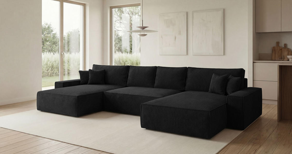 ECKSOFA CALIFORNIA U-Form schwarz Cord POSO 135 - Schlaffunktion, Bettkasten - Schwarz, Textil (385/185cm) - Cornero