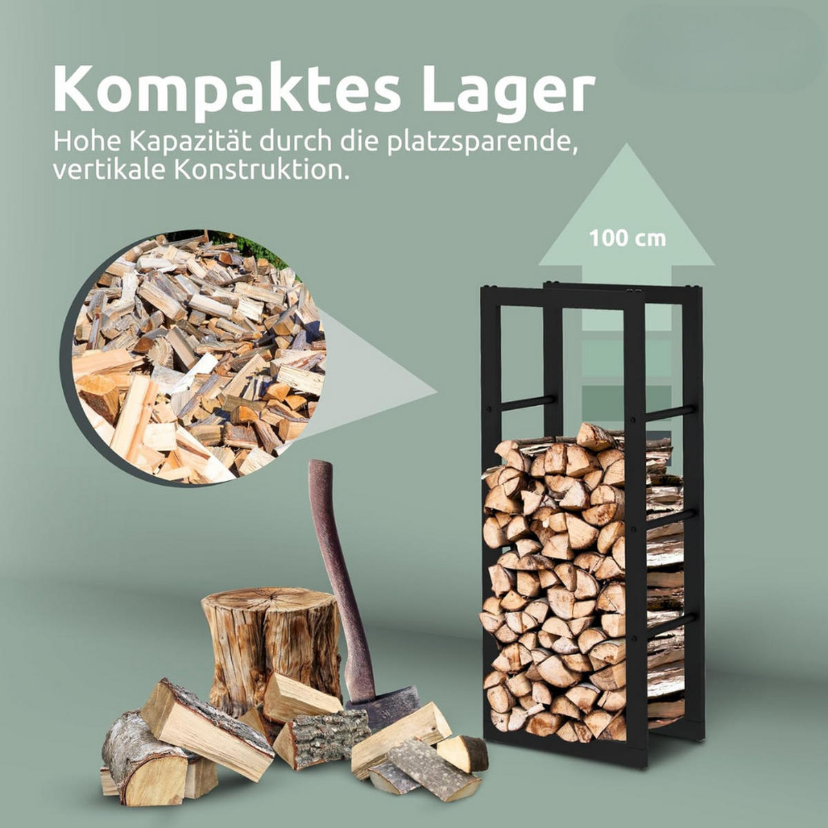 KAMINHOLZREGAL innen Metall KEOP Schwarz 40x25x100 cminkl. Ofenhandschuh - Schwarz, Metall (40/100/25cm) - DELUKE