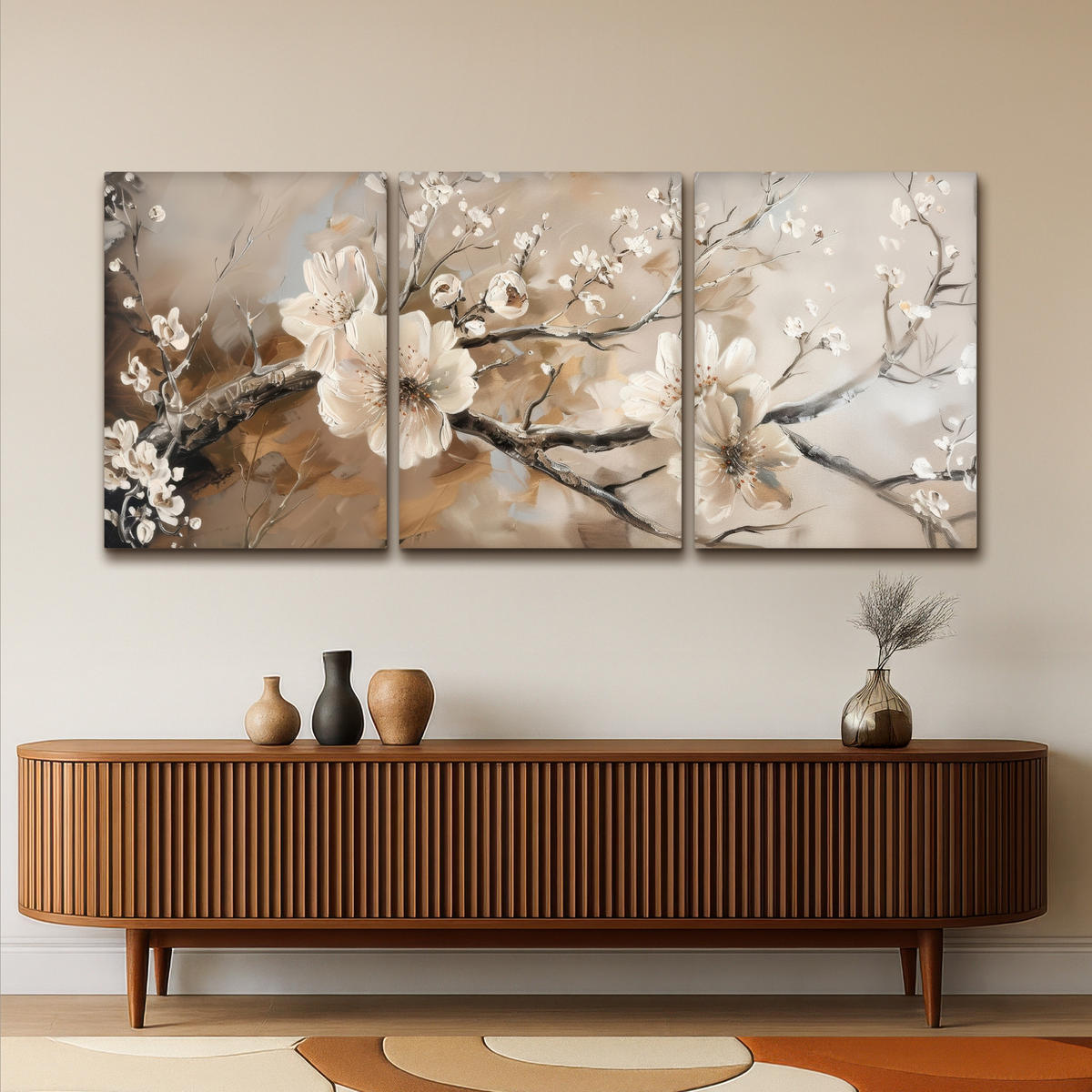 LEINWANDBILD 3er Set Blüte - Beige - Abstrakt - Blumen 180x80 cm - Hellbraun, Textil (180/80cm) - MuchoWow