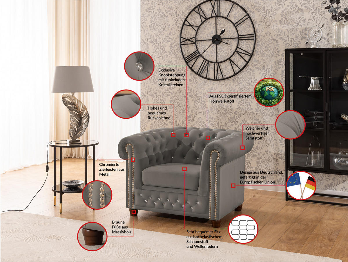CHESTERFIELD-SESSEL Cleo Blink Grau Samt mit Kristallsteppung und braunen Massivholzfüßen - Beige/Braun, Holz/Textil (104/72/86cm) - S-Style Möbel