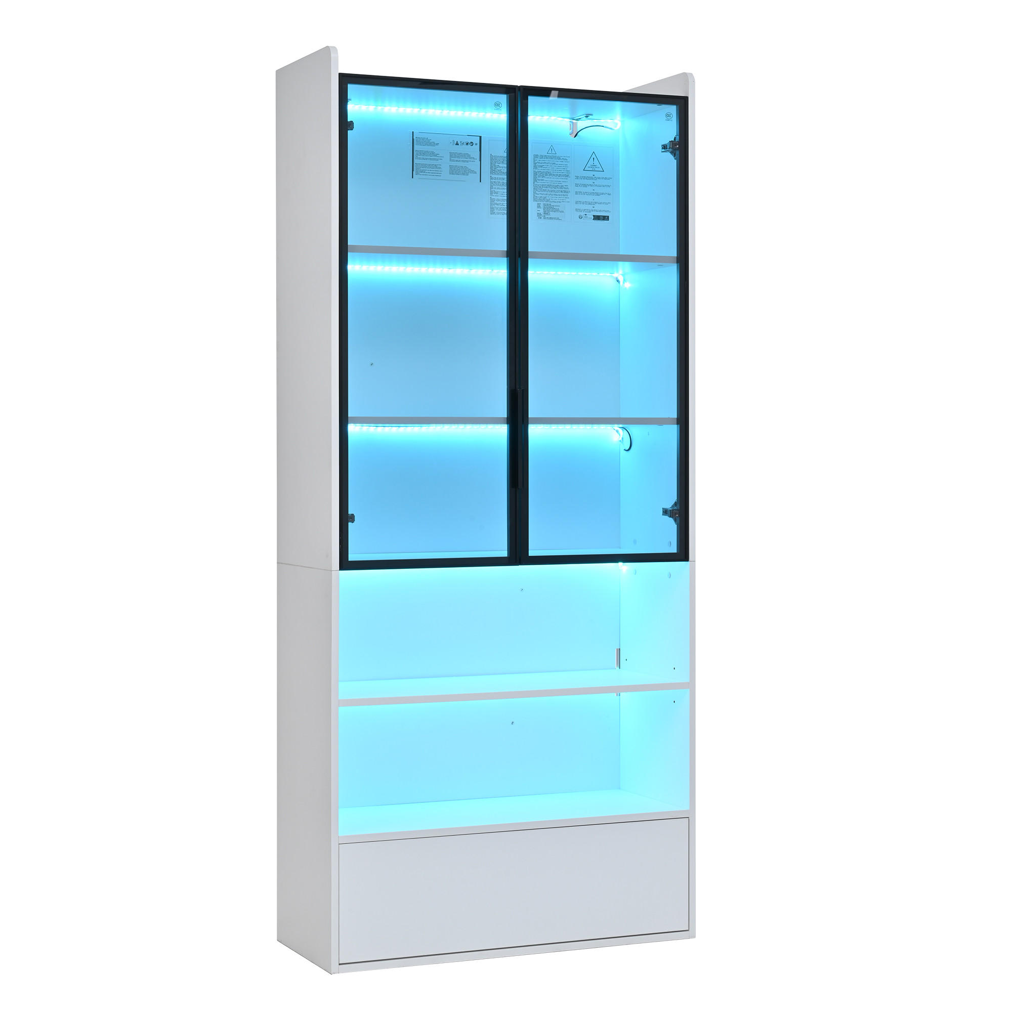 VITRINE Weiß mit Glastüren, einer Schublade und App-gesteuerter LED-Beleuchtung 80 × 34 × 180 cm aus MDF und Glas - Weiß, Holzwerkstoff (80/180/34cm) - Luhomfu