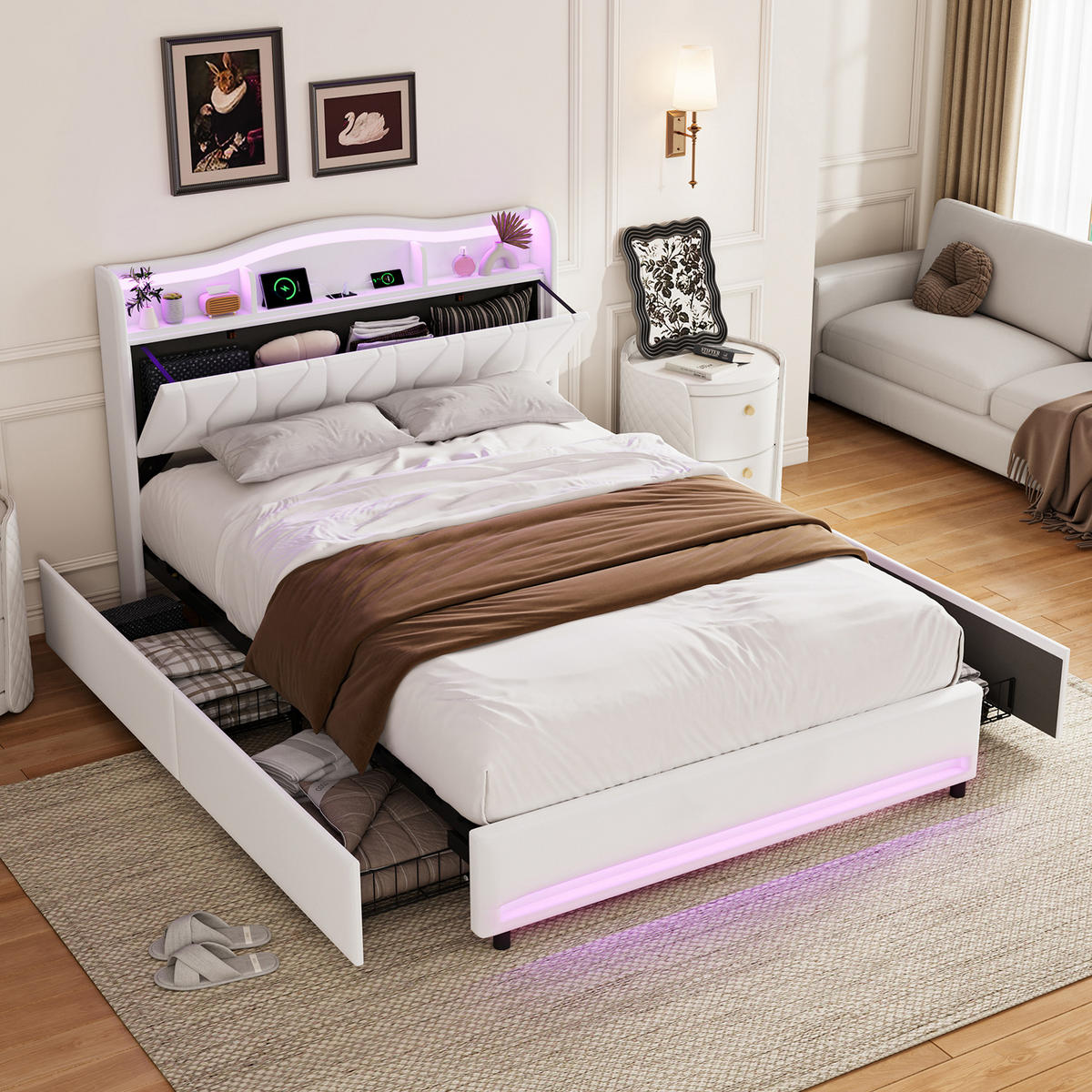 POLSTERBETT 140/200 cm mit Stauraumschubladen, Ablagekopfteil & Fußteil mit mehrfarbigem LED-Licht, USB-Anschluss, samtiger Velours-Bezug - Beige, Holz/Metall (140/200cm) - Joyfair