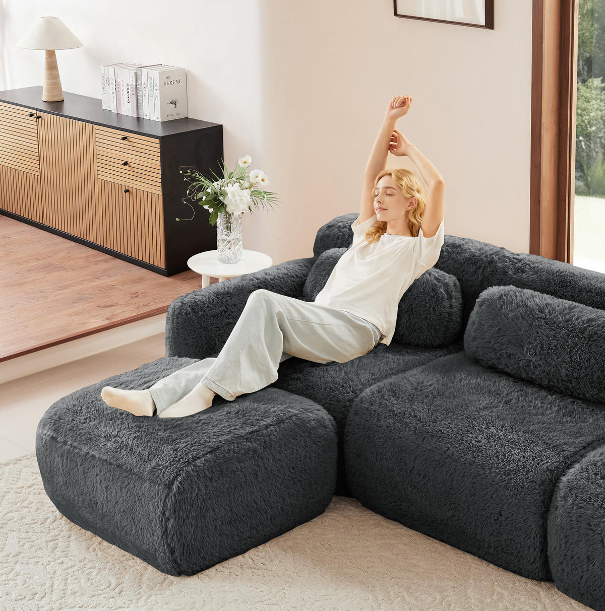 SOFA modular 4-Sitzer L-Form Plüsch Grau - Grau, Kunststoff (179/378cm) - Meubliv