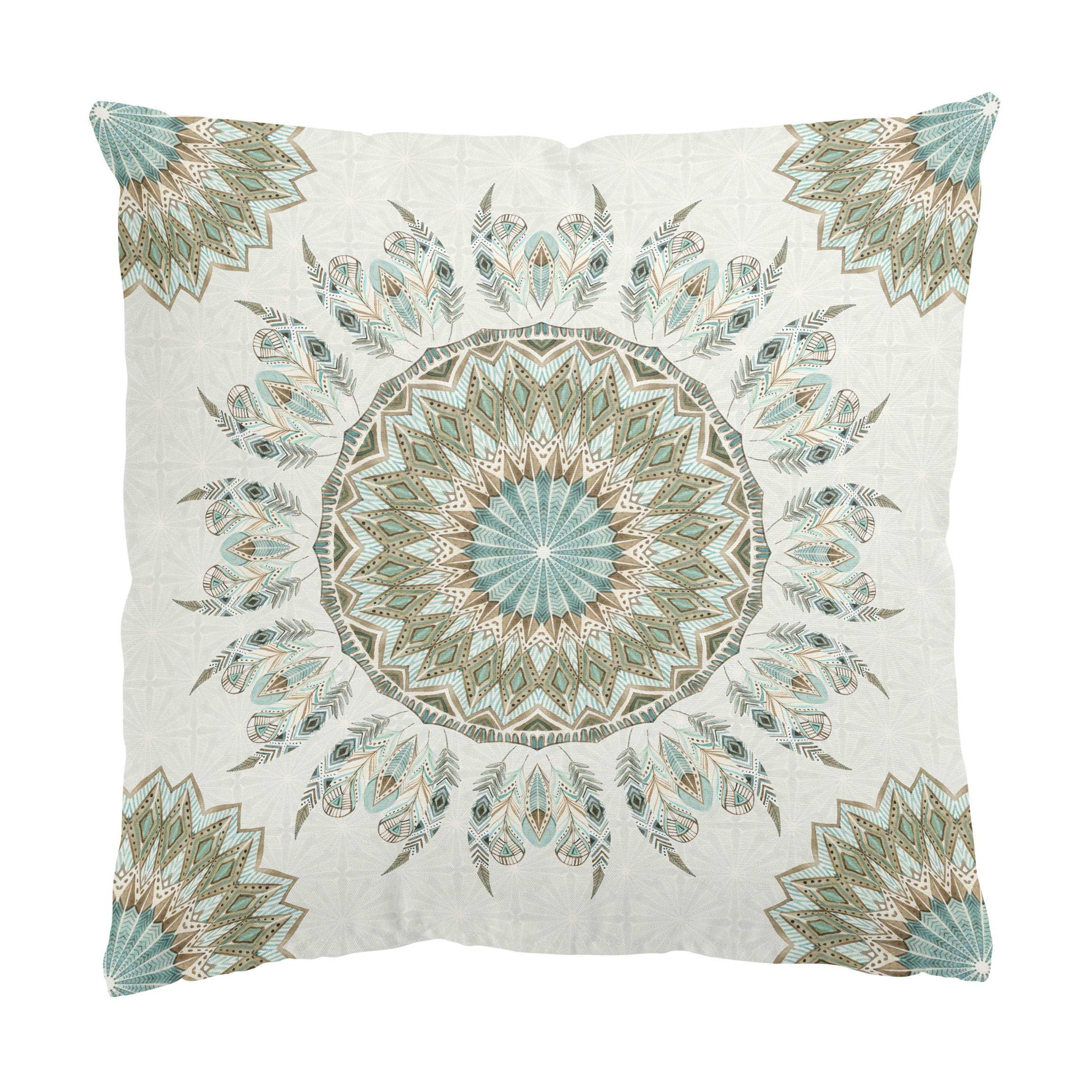 DEKOKISSEN Mandala Aquarell Federn Muster blau grün 40/40 cm - Blau, Textil (40/40/10cm) - Bilderwelten