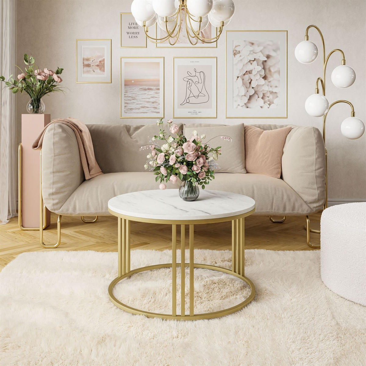 COUCHTISCH LORI LEVANTO mit goldfarbenem Fuß - Goldfarben, Holzwerkstoff (70/70/48cm) - Lookway