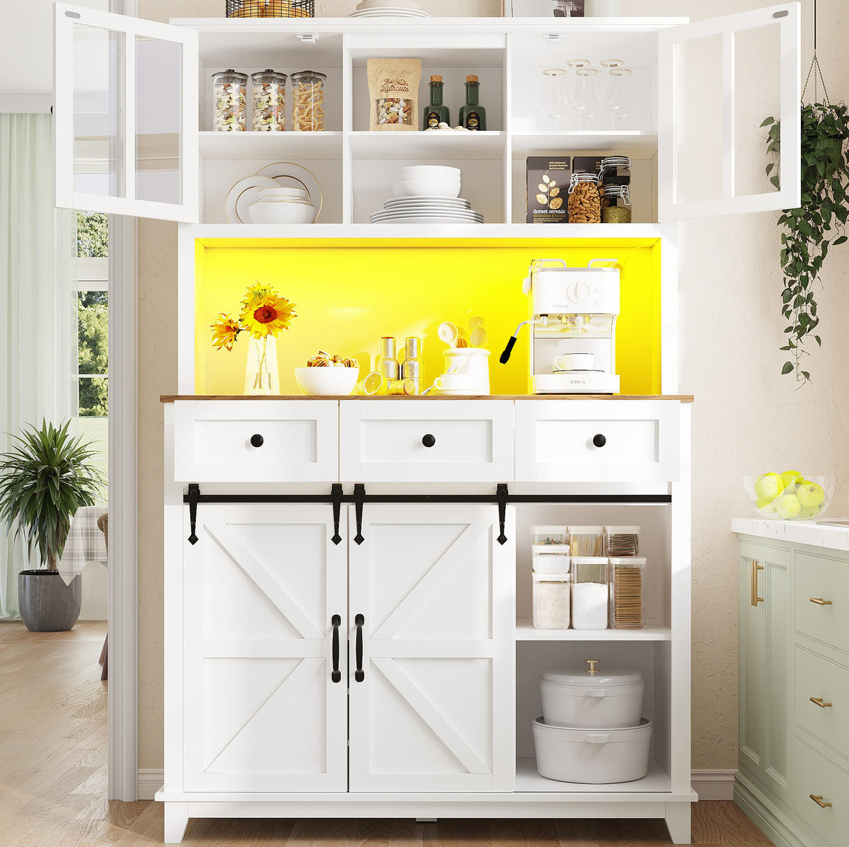 BUFFET 105/38,4/180 cm aus MDF mit LED-Beleuchtung und Schiebetür im Scheunenlook Weiß - Weiß, Holzwerkstoff (105/180/38.4cm) - Modenvie