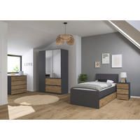 JUGENDZIMMER Joel in Grau Metallic und Artisan Eiche 4 teilig – mit 3türigem Kleiderschrank mit Spiegel, 90er Jugendbett, Nachttisch und Kommode - Grau, Holzwerkstoff (80/200/120cm)