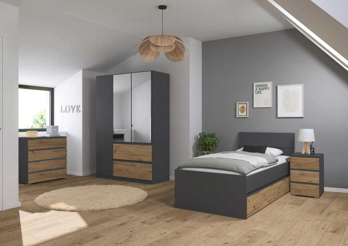 JUGENDZIMMER Joel in Grau Metallic und Artisan Eiche 4 teilig – mit 3türigem Kleiderschrank mit Spiegel, 90er Jugendbett, Nachttisch und Kommode - Grau, Holzwerkstoff (80/200/120cm)