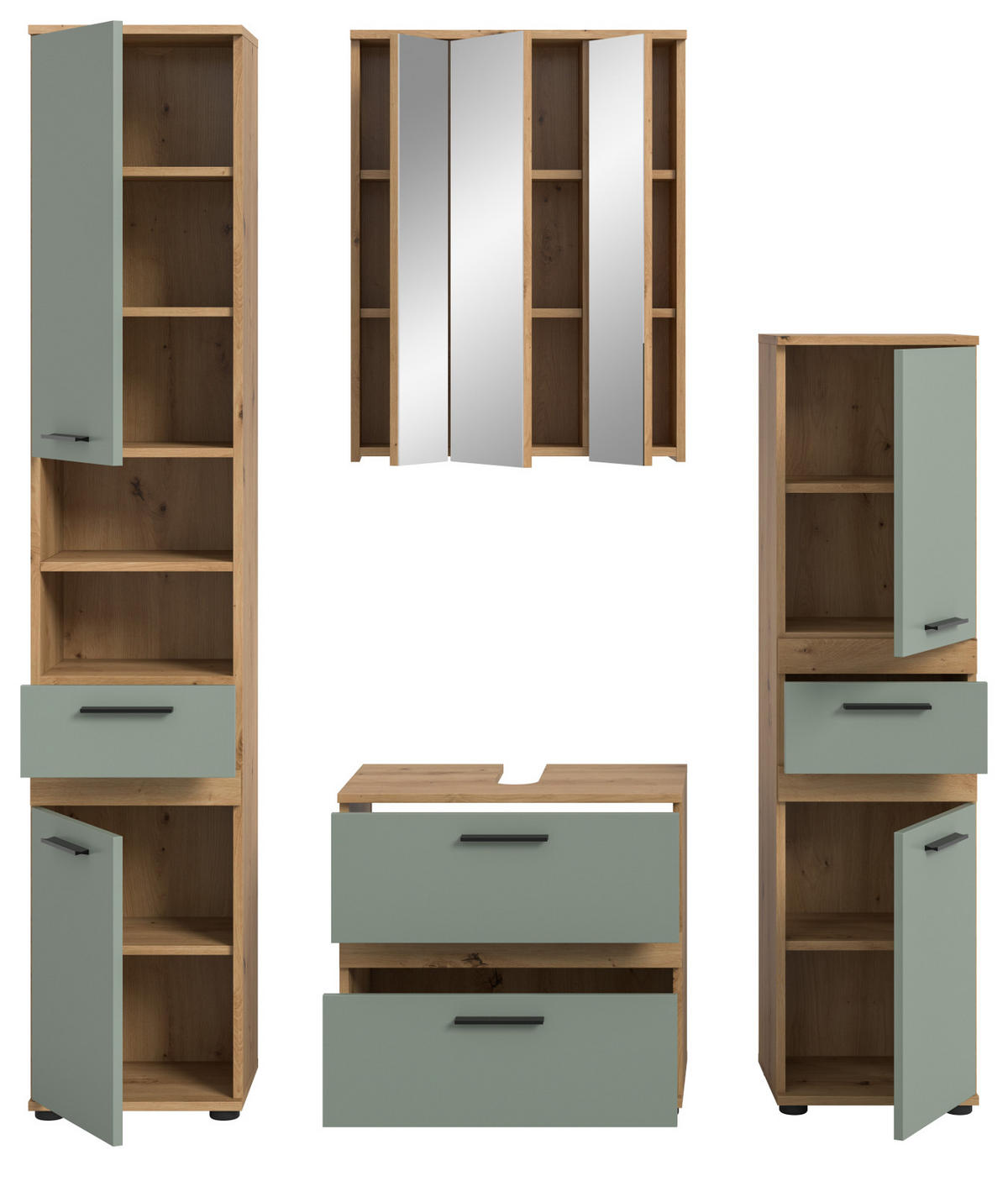 BADMÖBEL-SET 4-teilig Salbei grün, Artisan Eiche 164 cm, Badezimmerschränke mit viel Stauraum - Salbeigrün/Schwarz, Glas/Holzwerkstoff (164/191/34cm) - Inn.Furn
