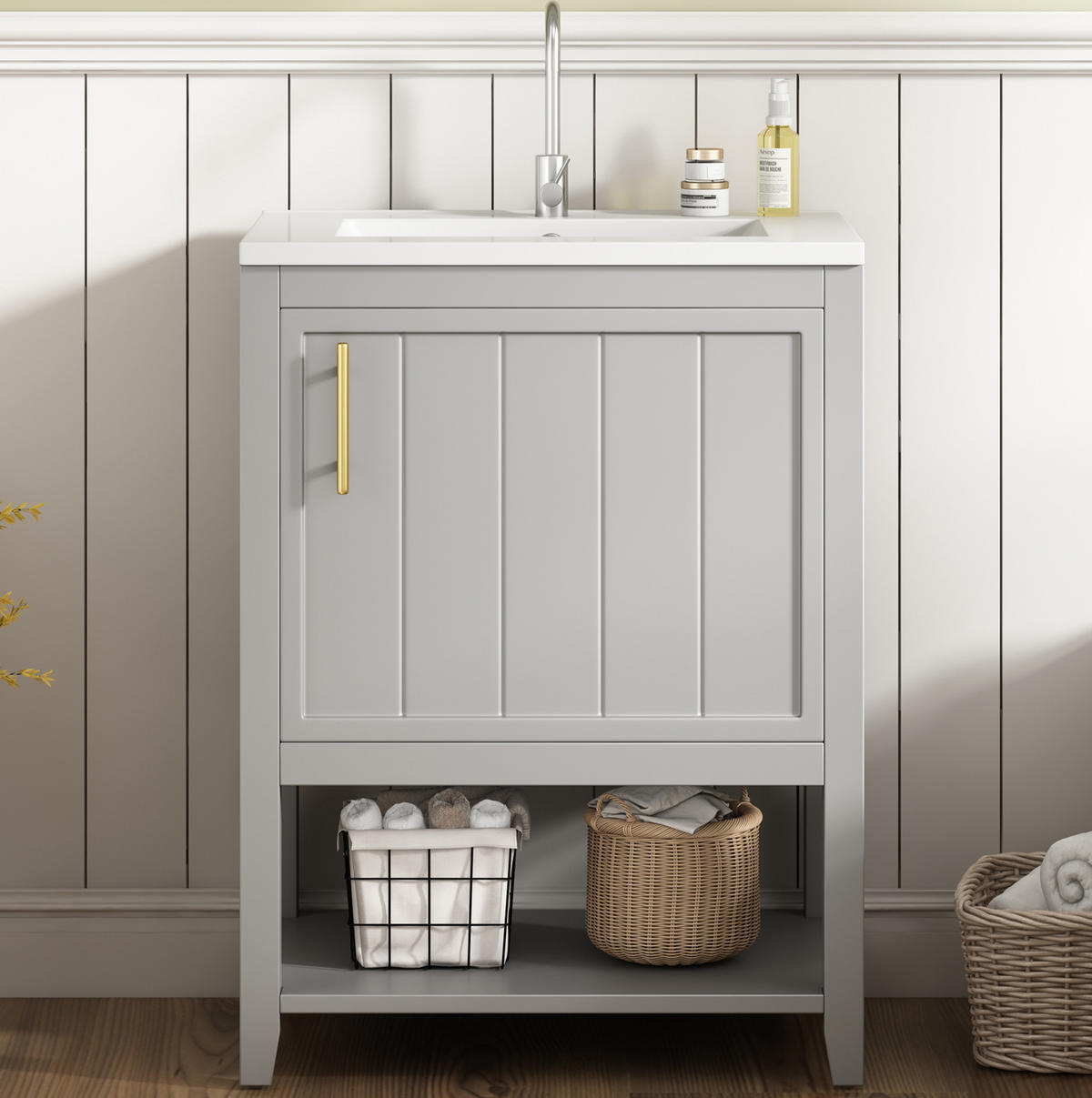 BADEZIMMERSCHRANK 61x47x87cm in Grau, wasserdicht & rutschfest - Grau, Holzwerkstoff (61/87/47cm) - Modfu