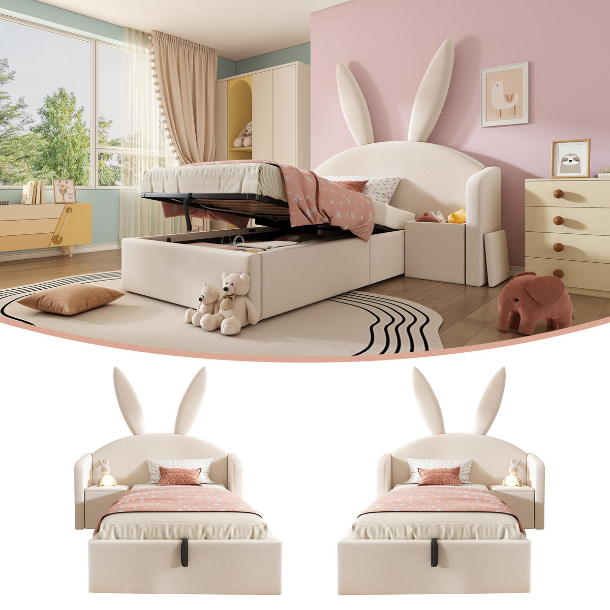 JUGENDBETT 90/200 cm in Beige Samt mit Bettkasten und Nachttisch - Beige, Holzwerkstoff/Textil (90/200cm) - WISHDOR