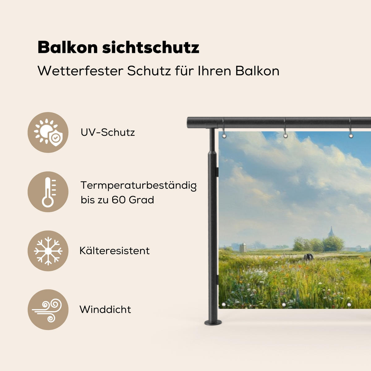 BALKON-SICHTSCHUTZ Kühe - Windmühle - Wiese - Blau - Grün, Kunststoff (500/110cm) - MuchoWow