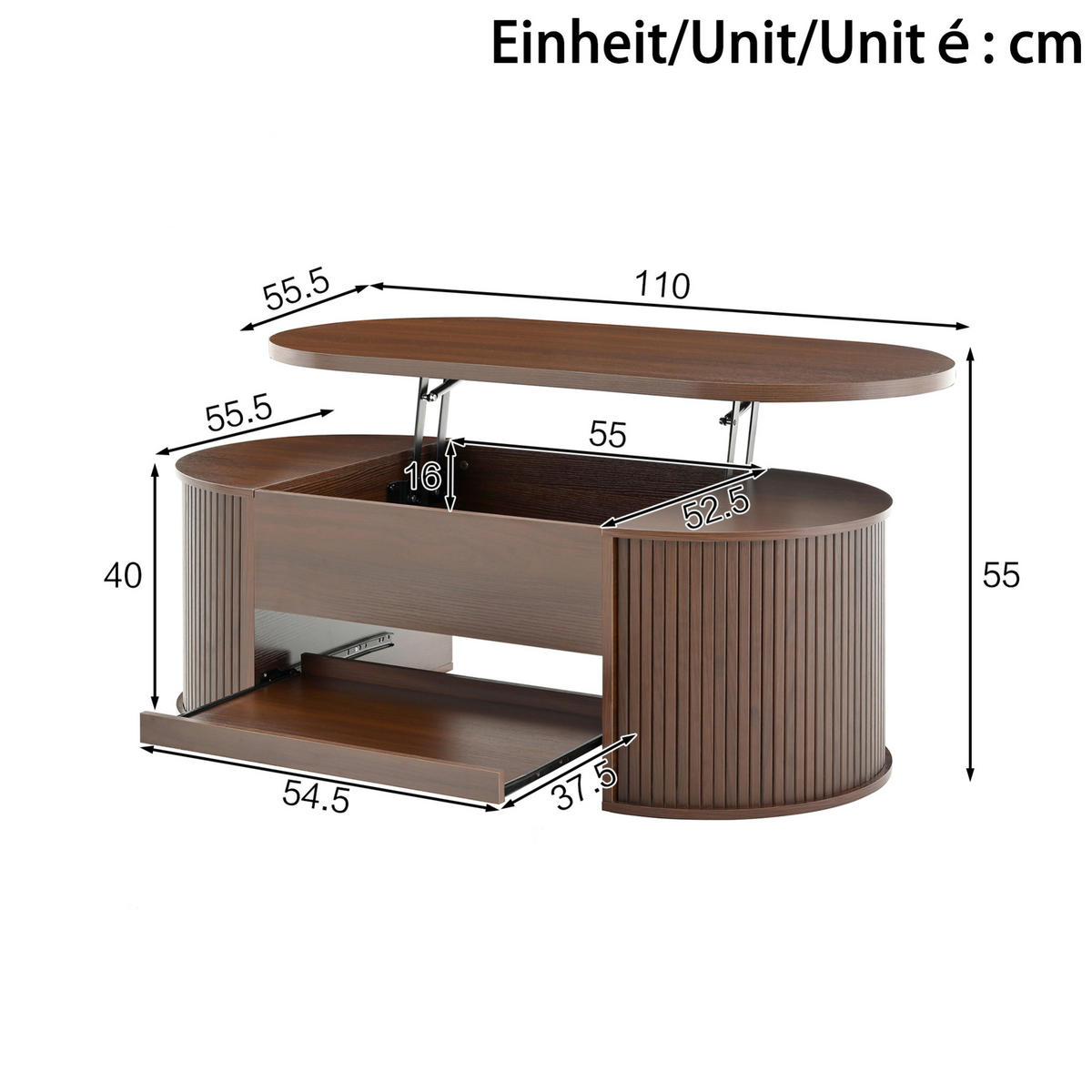 COUCHTISCH 110/55,5/40 cm höhenverstellbar mit ausziehbarer Ablage aus MDF, Nussbaum - Dunkelbraun, Holzwerkstoff (110/55.5/40cm) - Modfu