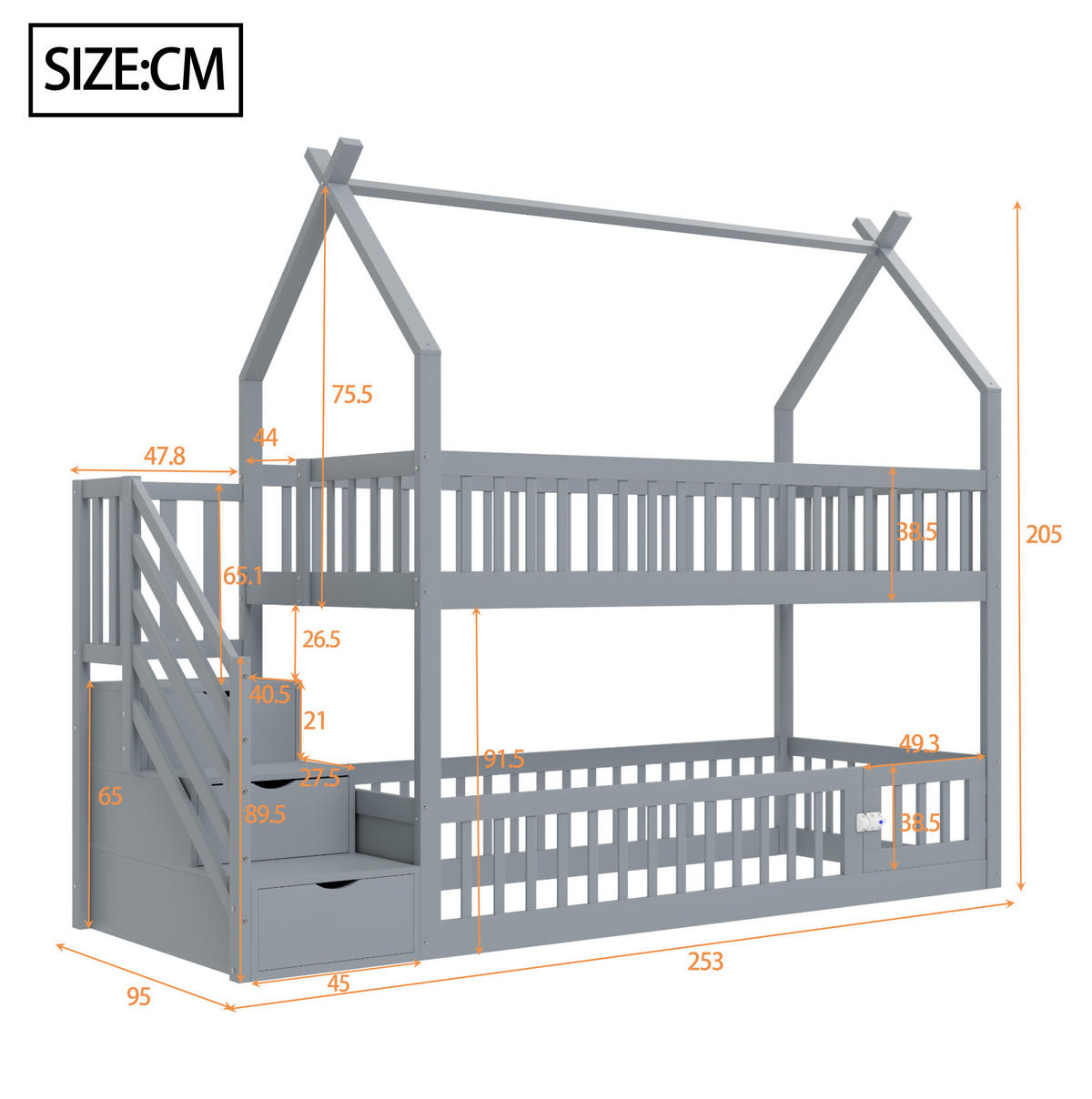 ETAGENBETT 90/200 cm Grau mit Dach, Sicherheitstreppe und Stauraumschubladen - Grau, Holz (90/200cm) - MIVRAY