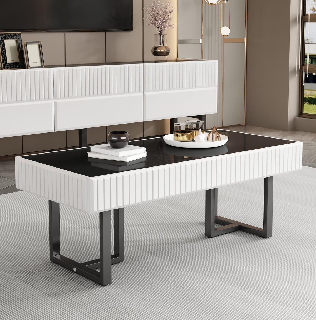 COUCHTISCH Hochglanz 110 x 50,5 x 41 cm Schwarz-Weiß - Schwarz, Metall (110/50.5/41cm) - Meubliv