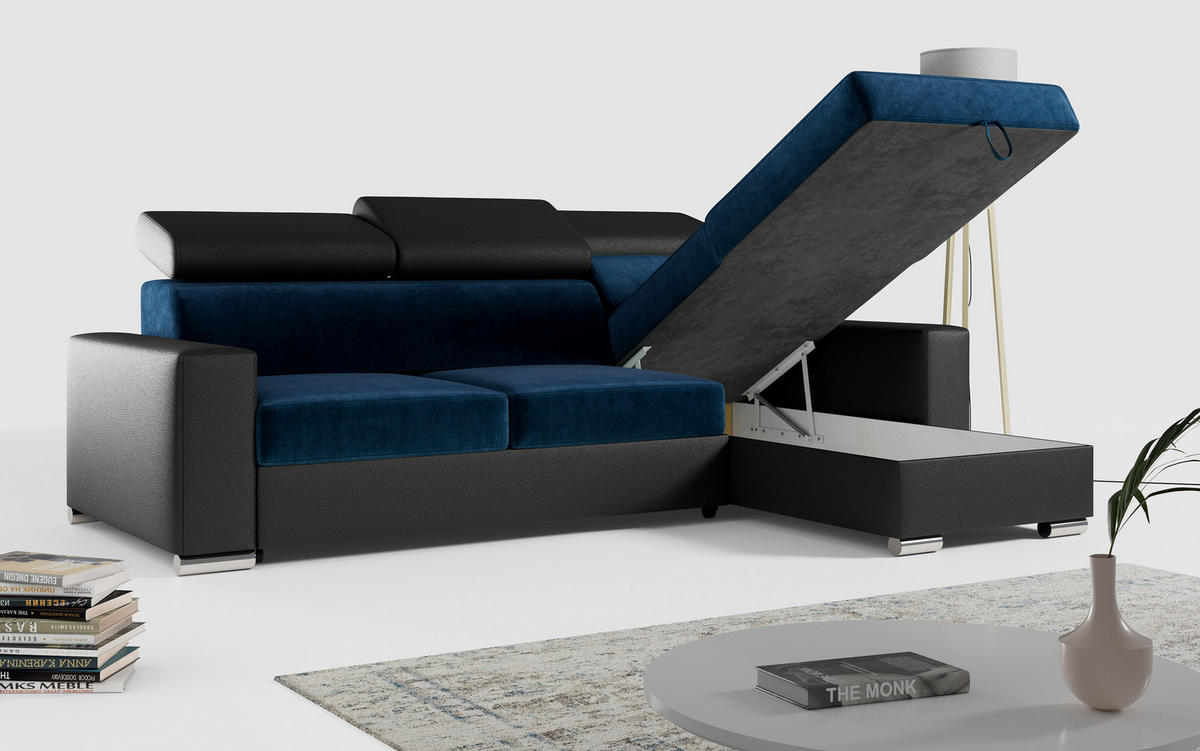 ECKSOFA FOX-L Dunkelblau/Schwarz - Silberfarben/Schwarz, Kunststoff/Textil (242/168cm) - MKS