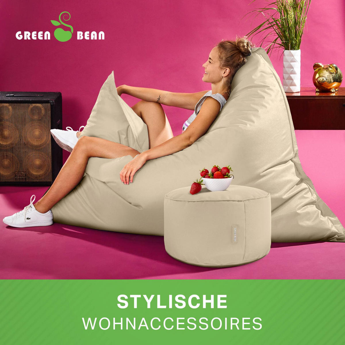 XXL-SITZSACK + Pouf 2er Set - 140x180cm - Beige, Textil (140/25/180cm) - Green Bean