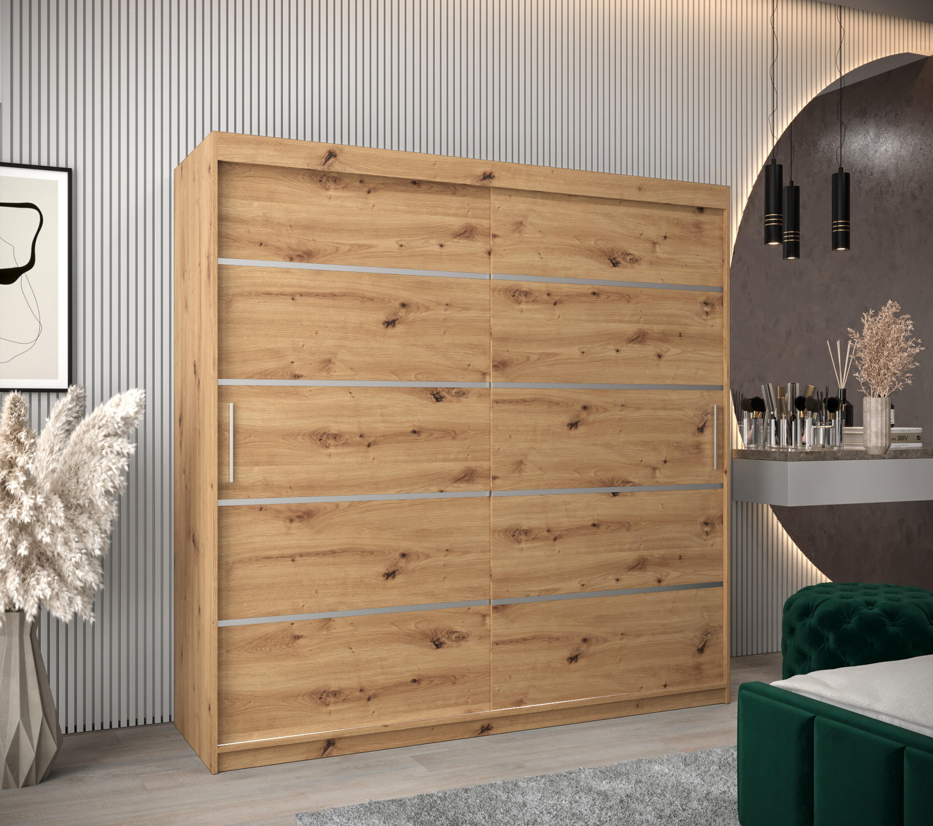 SCHWEBETÜRENSCHRANK 200/200/62 2-türig - Silberfarben/Eiche Artisan, Holz/Kunststoff (200/200/62cm) - MÖBEL KRYSPOL