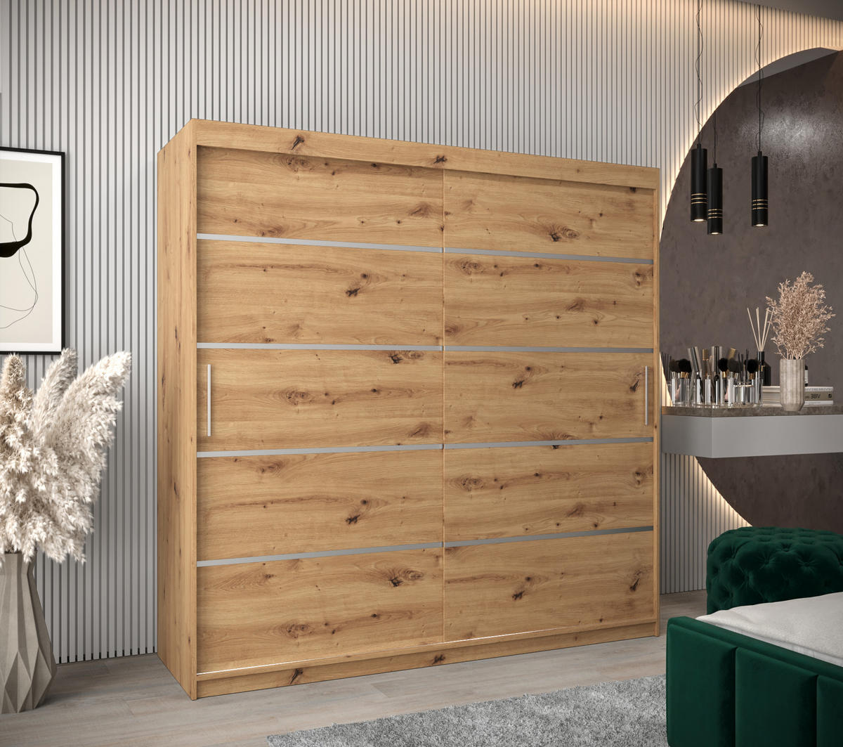 SCHWEBETÜRENSCHRANK 200/200/62 2-türig - Silberfarben/Eiche Artisan, Holz/Kunststoff (200/200/62cm) - Abiks Möbel
