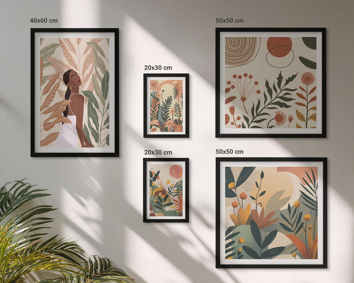 BILDER SET 5er Set - 50x50 cm & 20x30 cm & 40x60 cm Schwarzer Rahmen - Pflanzenmotive in Farben - Schwarz, Kunststoff (40/60cm) - TULUP
