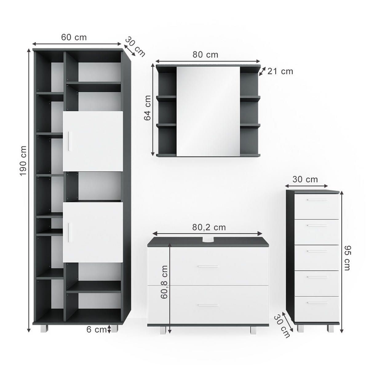 BADMÖBEL-SET Ilias Weiß/Anthrazit 4 Teile, mit Hochschrank - Anthrazit/Weiß, Holzwerkstoff (80.2/60.8/33cm) - Vicco