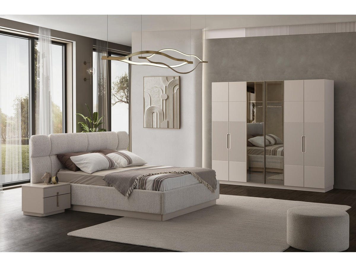 BETTANLAGE LINE Schlafzimmer-Set, 4-teilig, Creme, Bett mit Kopfteil 2 Nachttischen und Kleiderschrank - Creme, Leder/Holzwerkstoff (160/200cm) - Villa Möbel
