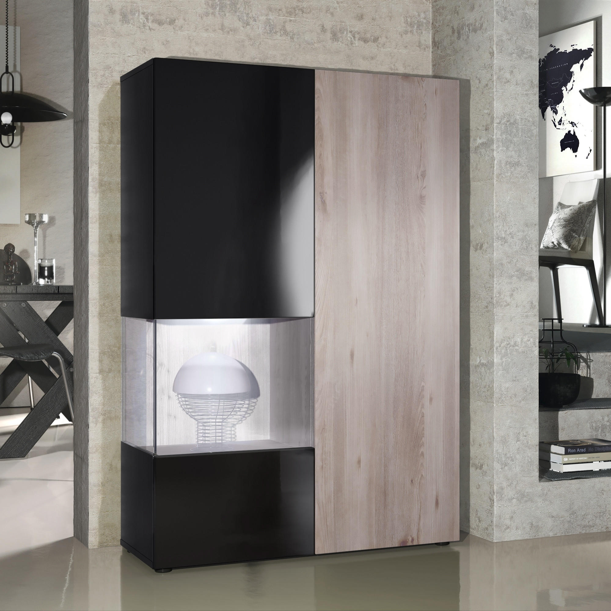 VITRINE Morena Tür und Einsatz in Eiche Nordic - Silbereichenfarben, Holzwerkstoff (91.5/136.5/37cm) - Vladon