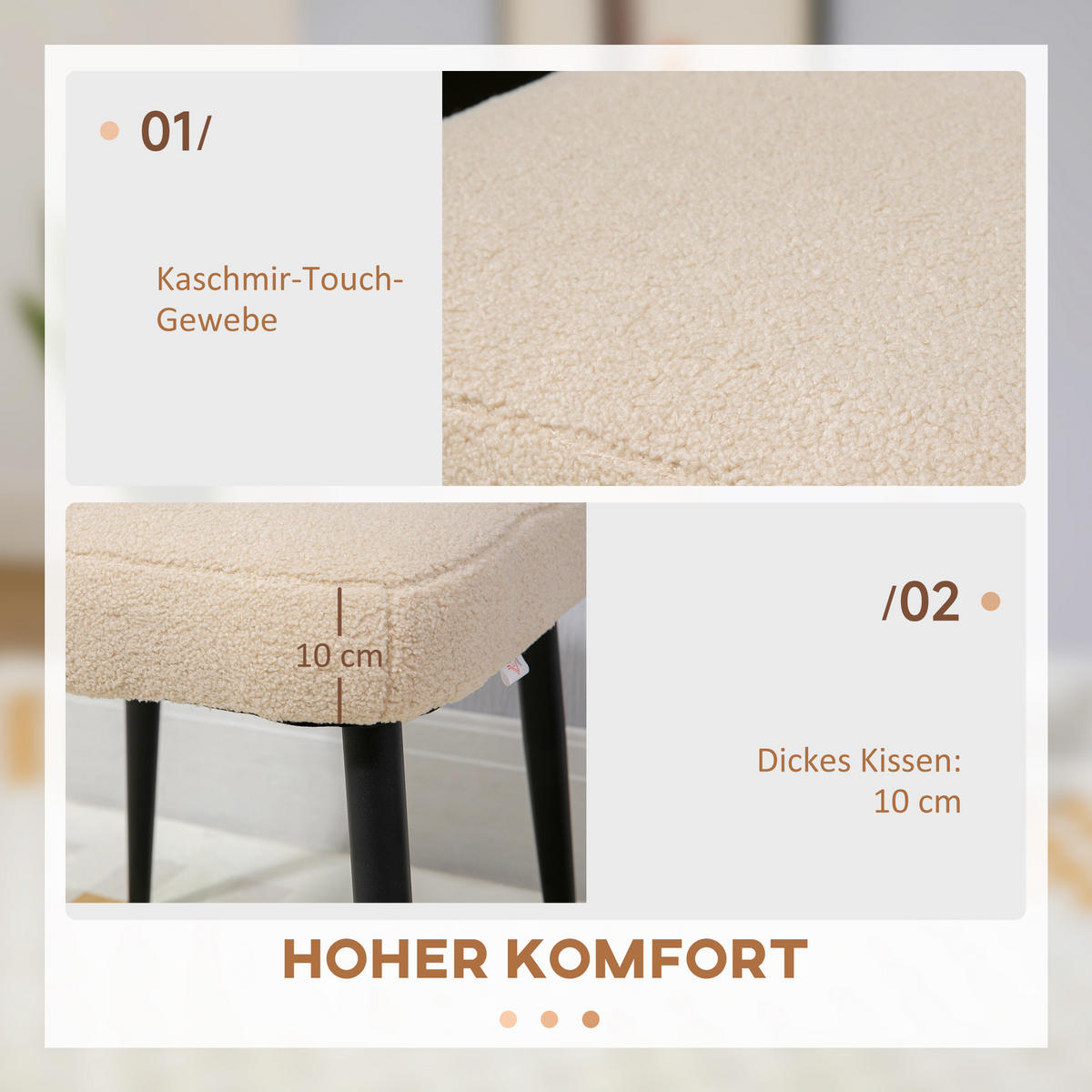 FUSSHOCKER Sitzhocker Quadratischer Schminkhocker mit Kaschmir-Optik, Stahlbeine - Beige, Kunststoff (42/44/42cm) - HOMCOM