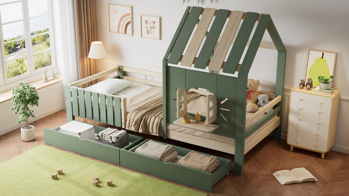 KINDERBETT 90x200 cm Haus Schubladen grün - Grün, Holz (90/200cm) - Fortuna Lai