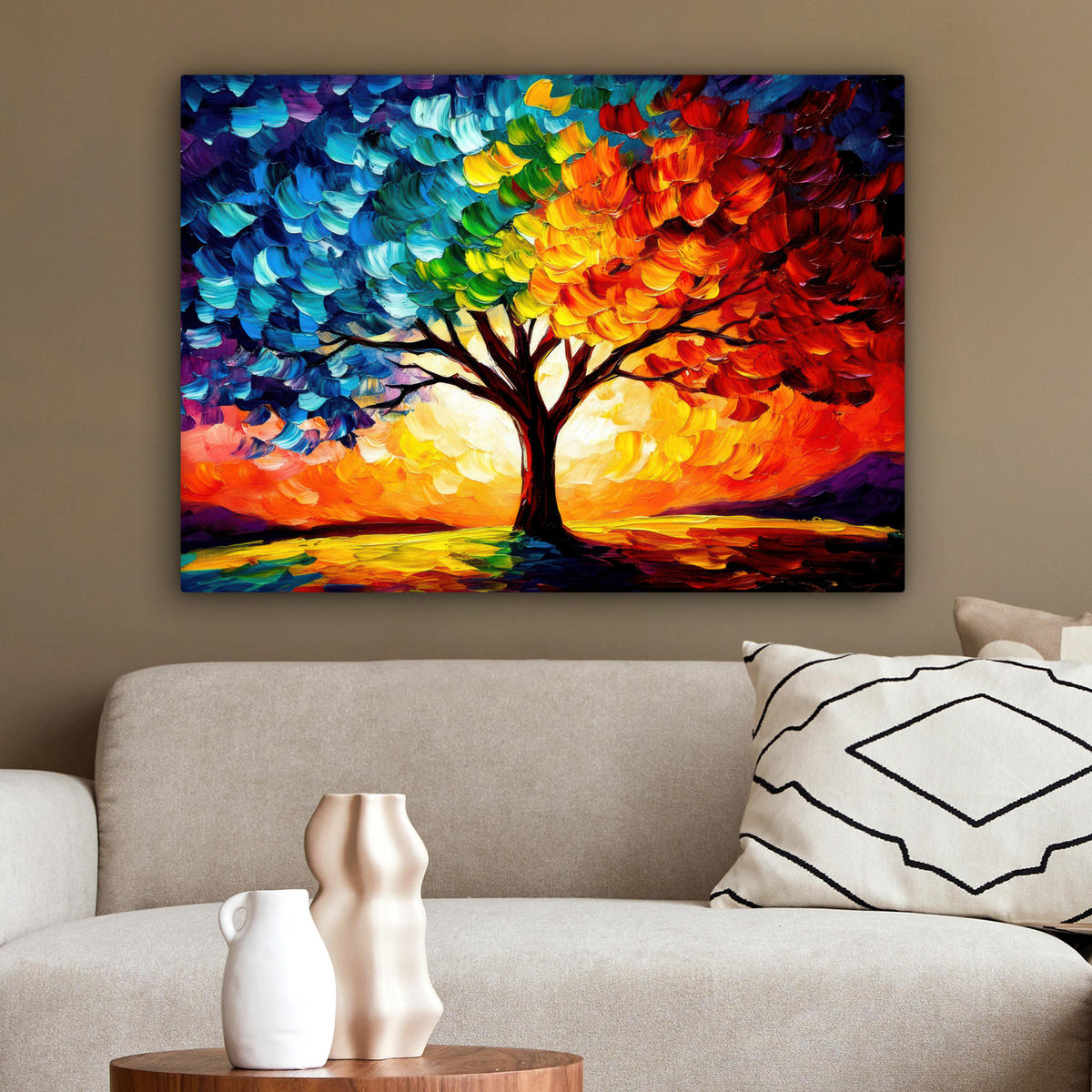 LEINWANDBILD - Baum - Kunst - Natur - Sonnenuntergang - 80x60 - Malerei - Multicolor, Textil (80/60cm) - MuchoWow