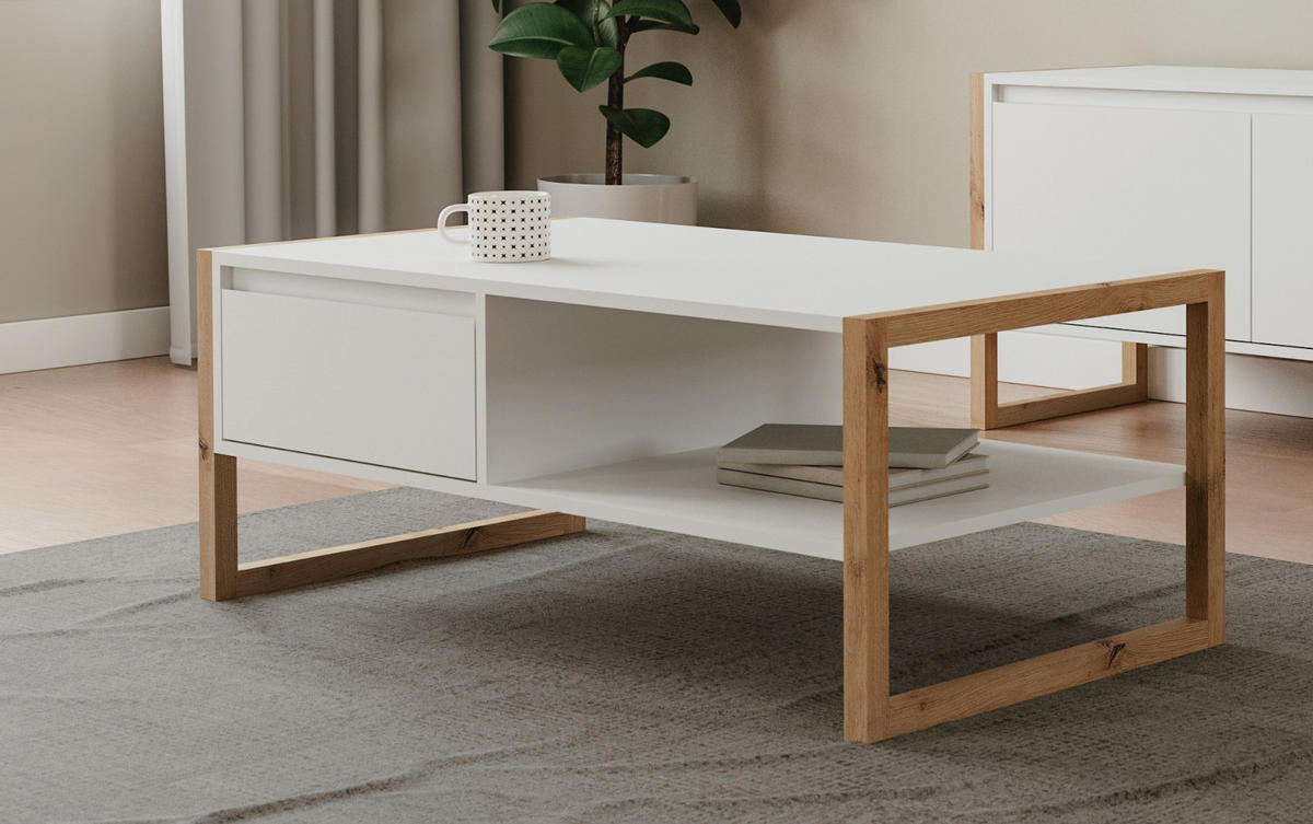 COUCHTISCH weiß, Eiche Artisan 100 cm, Wohnzimmertisch mit Stauraum - Eiche Artisan/Weiß, Holzwerkstoff (55/100/40cm) - Furn.Design