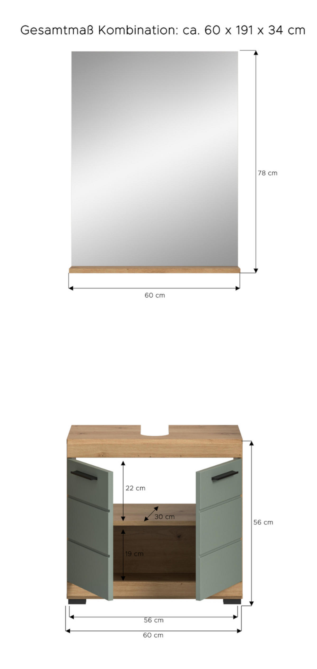 BADMÖBEL-SET Salbei grün, Eiche Artisan 2-teilig 60 cm, Kombination mit Spiegel - Salbeigrün/Schwarz, Glas/Holzwerkstoff (60/191/34cm) - Inn.Furn