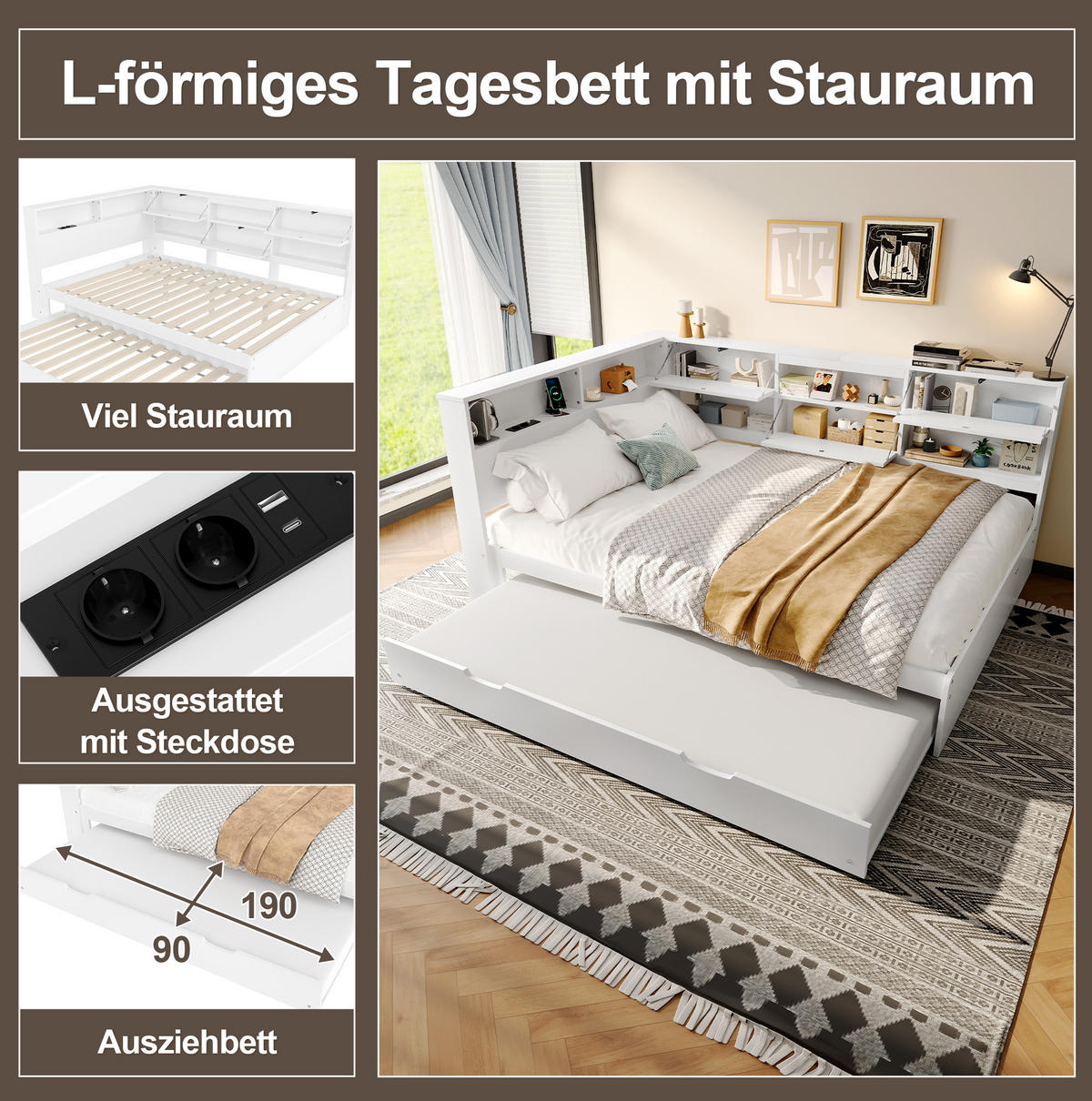 BETT 140/200 cm mit Kopfteil und Ausziehbett in Weiß - Weiß, Holzwerkstoff (140/200cm) - BEAOK