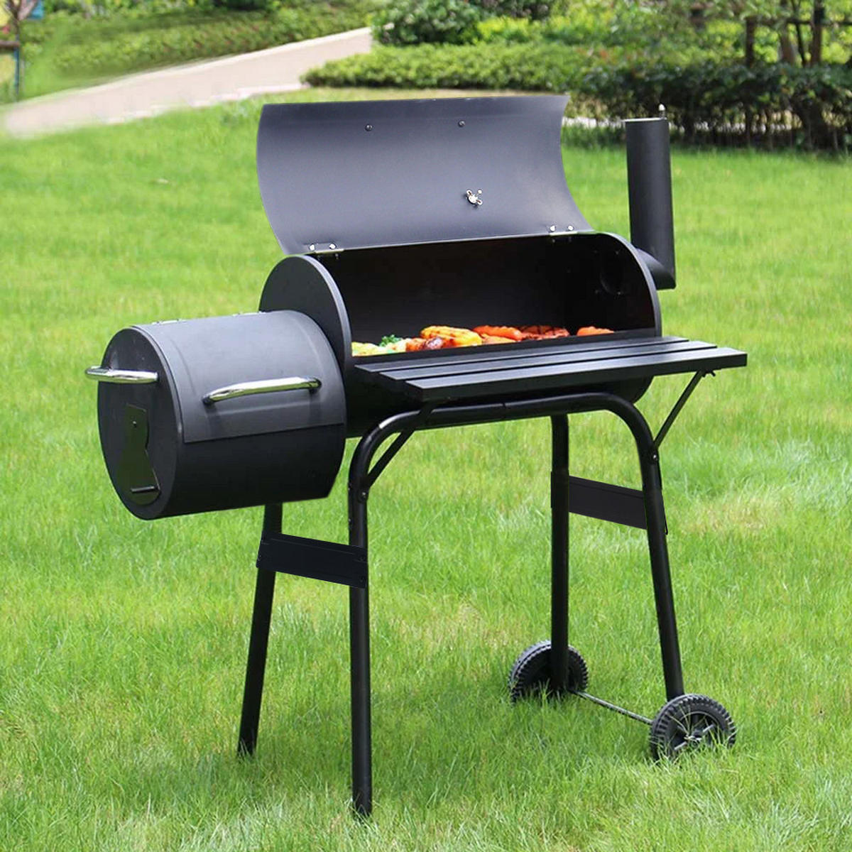 HOLZKOHLEGRILL Camping Smoker Grill 2-in-1 Design 3 Grillroste Seitentisch mit Rädern Schwarz ideal für Garten & Picknick - Schwarz, Metall (53/114/115cm) - Livingandhome