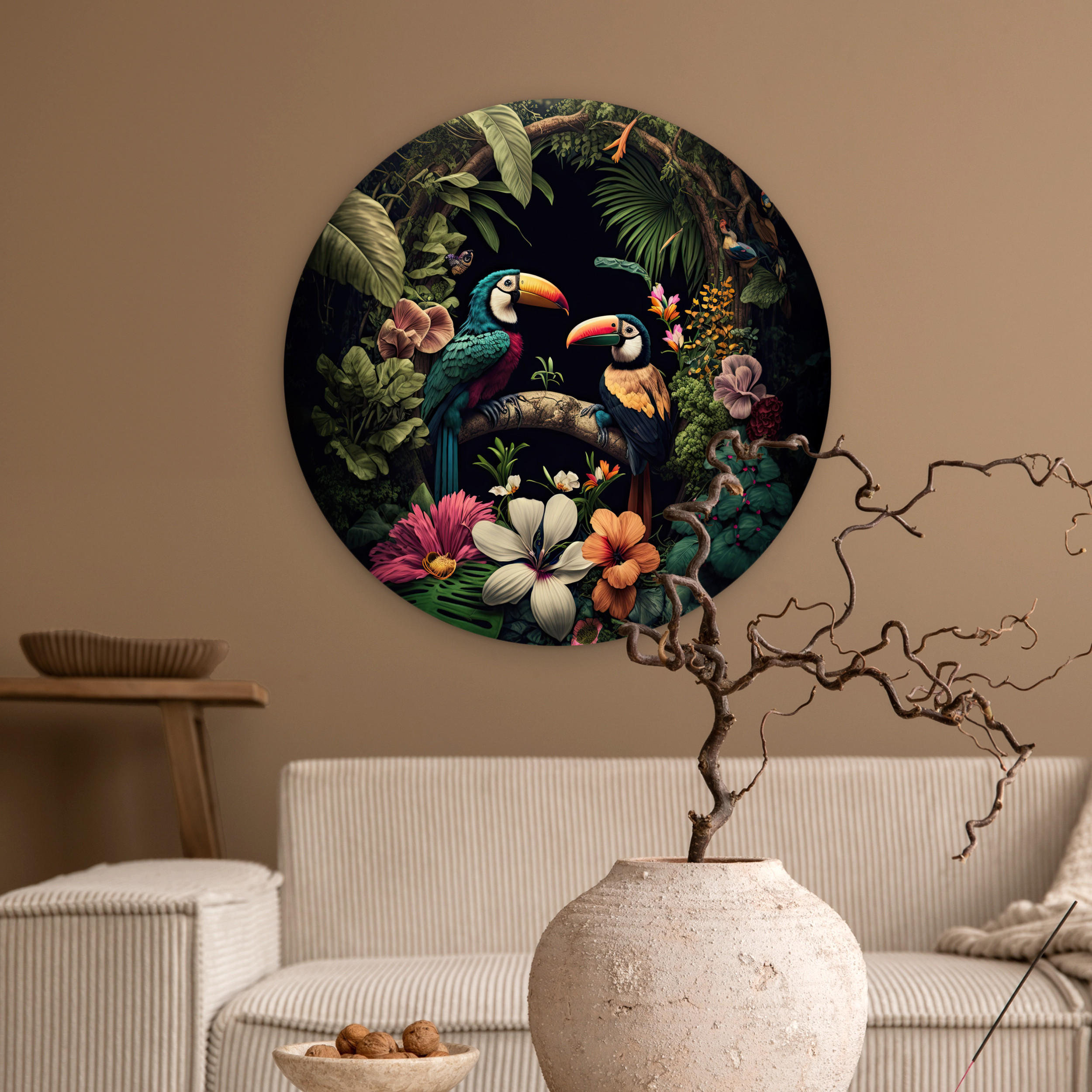 WANDBILD Vogel - Blumen - Pflanzen - Dschungel - Schwarz - Tukan 60x60 cm - Smaragdgrün, Kunststoff (60/60cm) - MuchoWow