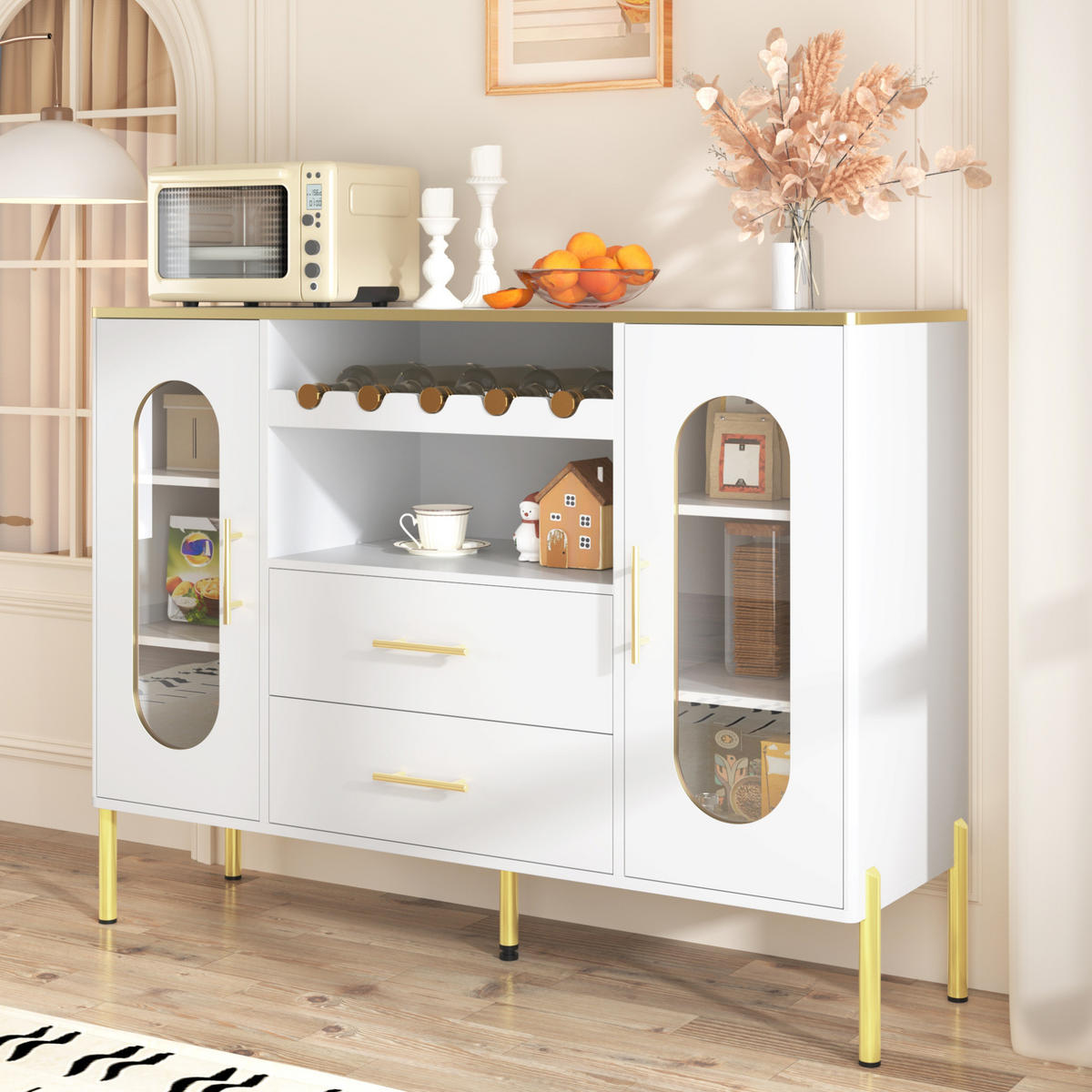 SIDEBOARD 120/38/90 cm mit Glastüren, Schubladen & Weinregal in Weiß - Weiß, Holzwerkstoff (120/90/38cm) - BEAOK