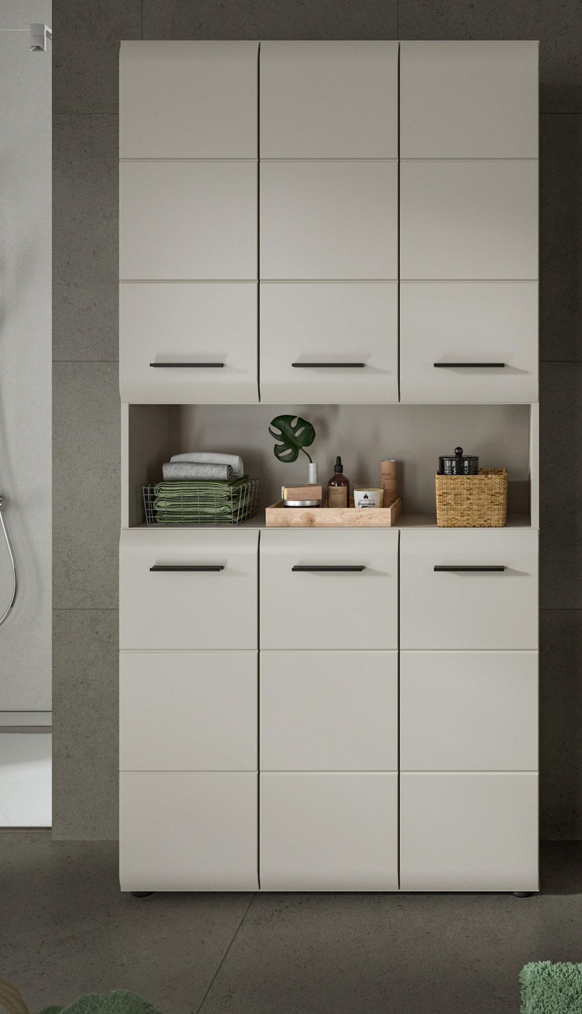 HOCHSCHRANK Kaschmir 90 x 185 cm, Badschrank XL 6-türig - Kaschmir/Schwarz, Holzwerkstoff/Kunststoff (90/185/30cm) - Inn.Furn