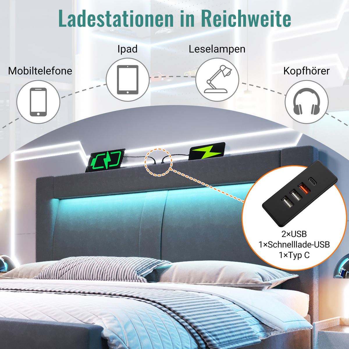 POLSTERBETT 160/200 cm mit LED, USB- und Type-C-Anschluss, hydraulischem Stauraum, Samt und Matratze, Grau - Grau, Textil (160/200cm) - Redom